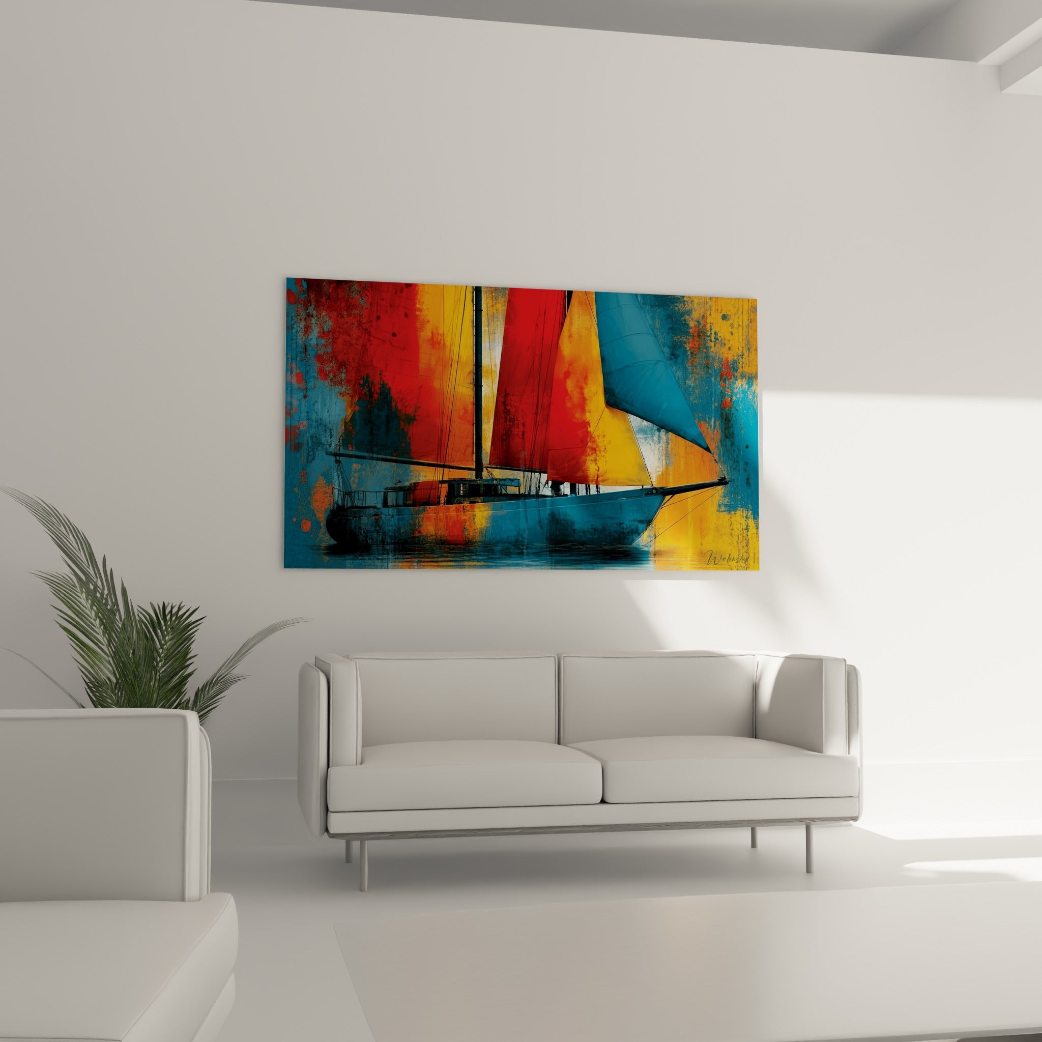 Bateau à voiles ocre et bleu pétrole, accroché au-dessus d'un canapé dans un salon lumineux