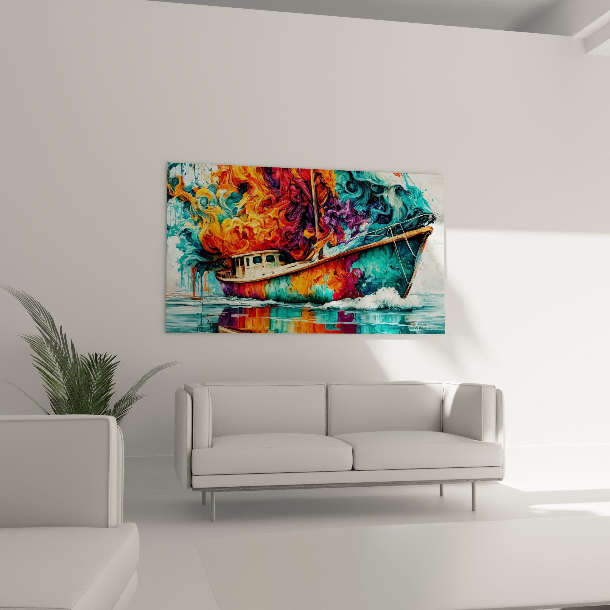 Bateau de pêche entouré de tourbillons orangé et ocre au-dessus d'un canapé dans un salon lumineux