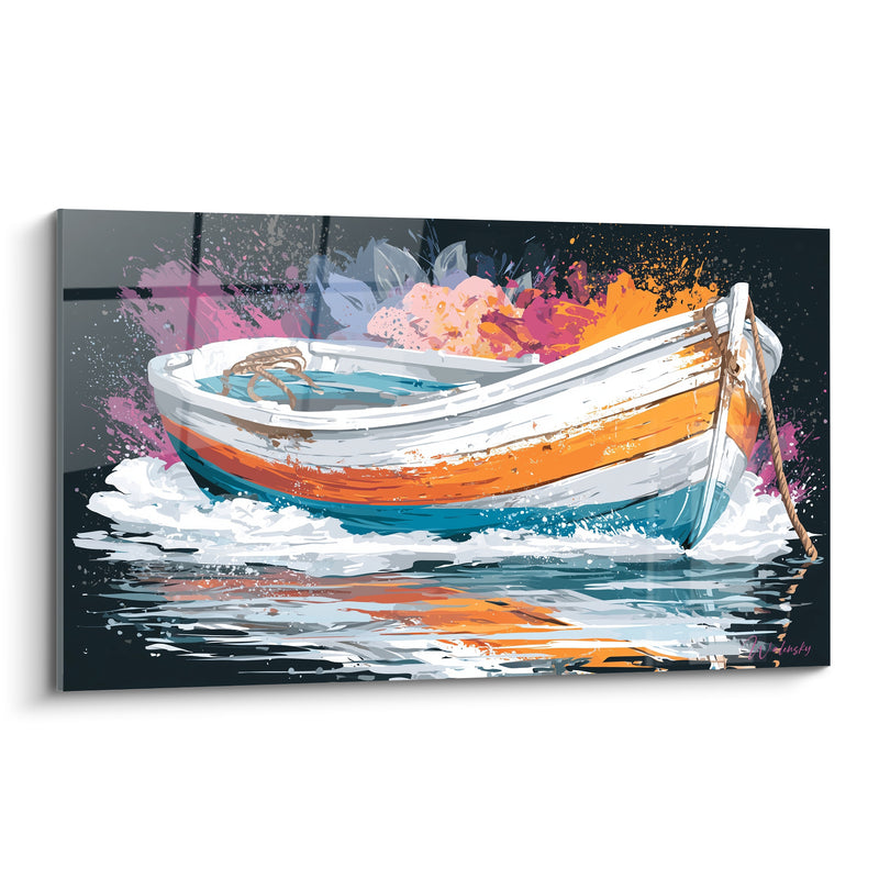 Tableau Barque orange et bleue sur fond éclaboussé - Échouage coloré - Edition Bateau abstrait