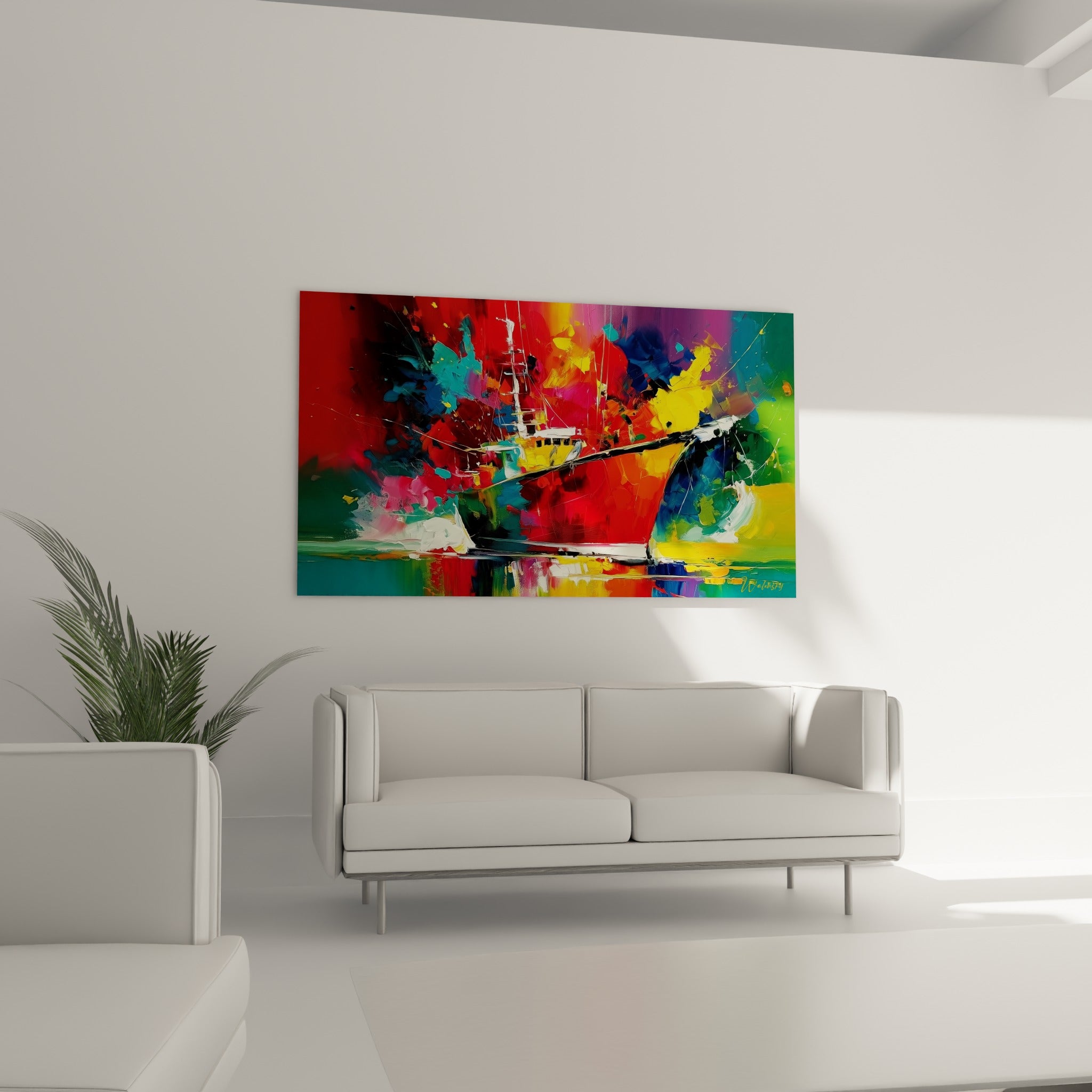 Bateau de pêche abstrait aux teintes rouge et turquoise, disposé au-dessus d'un canapé dans un salon lumineux