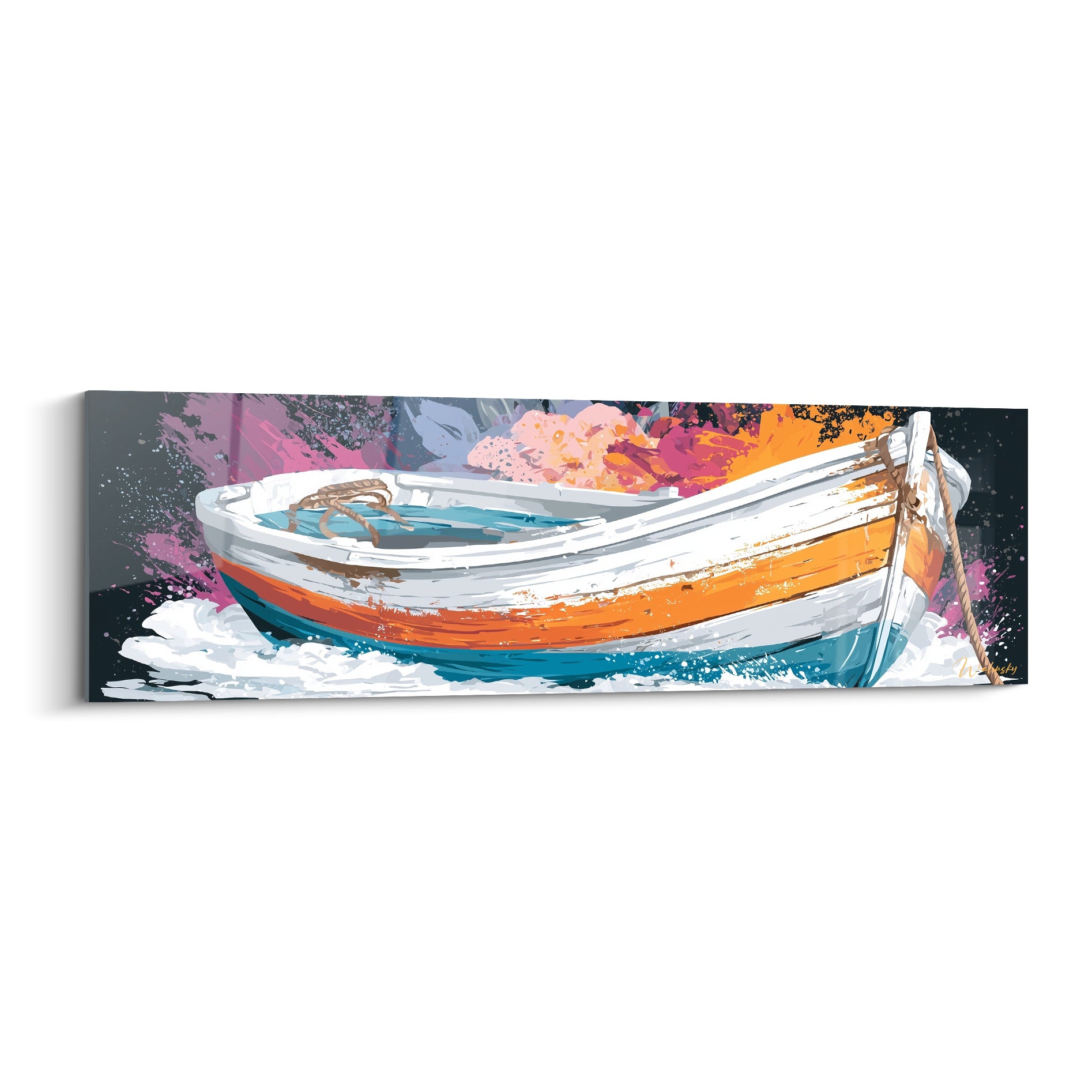 Barque échouée aux tons orange et turquoise sur écume blanche, éclaboussures roses et violettes en fond anthracite
