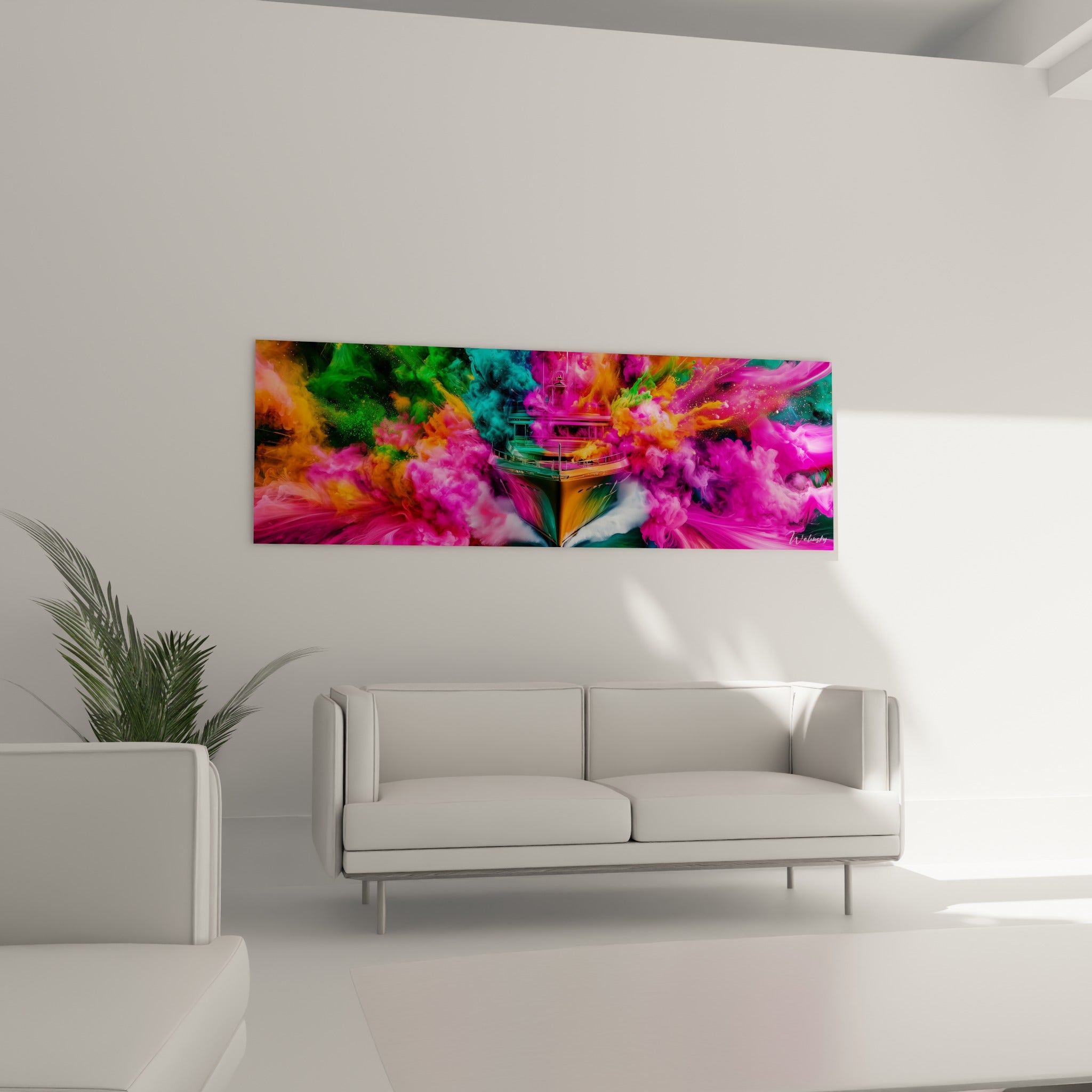Navire traversant un nuage orangé et turquoise, tableau bateau abstrait au-dessus d'un canapé dans un salon lumineux