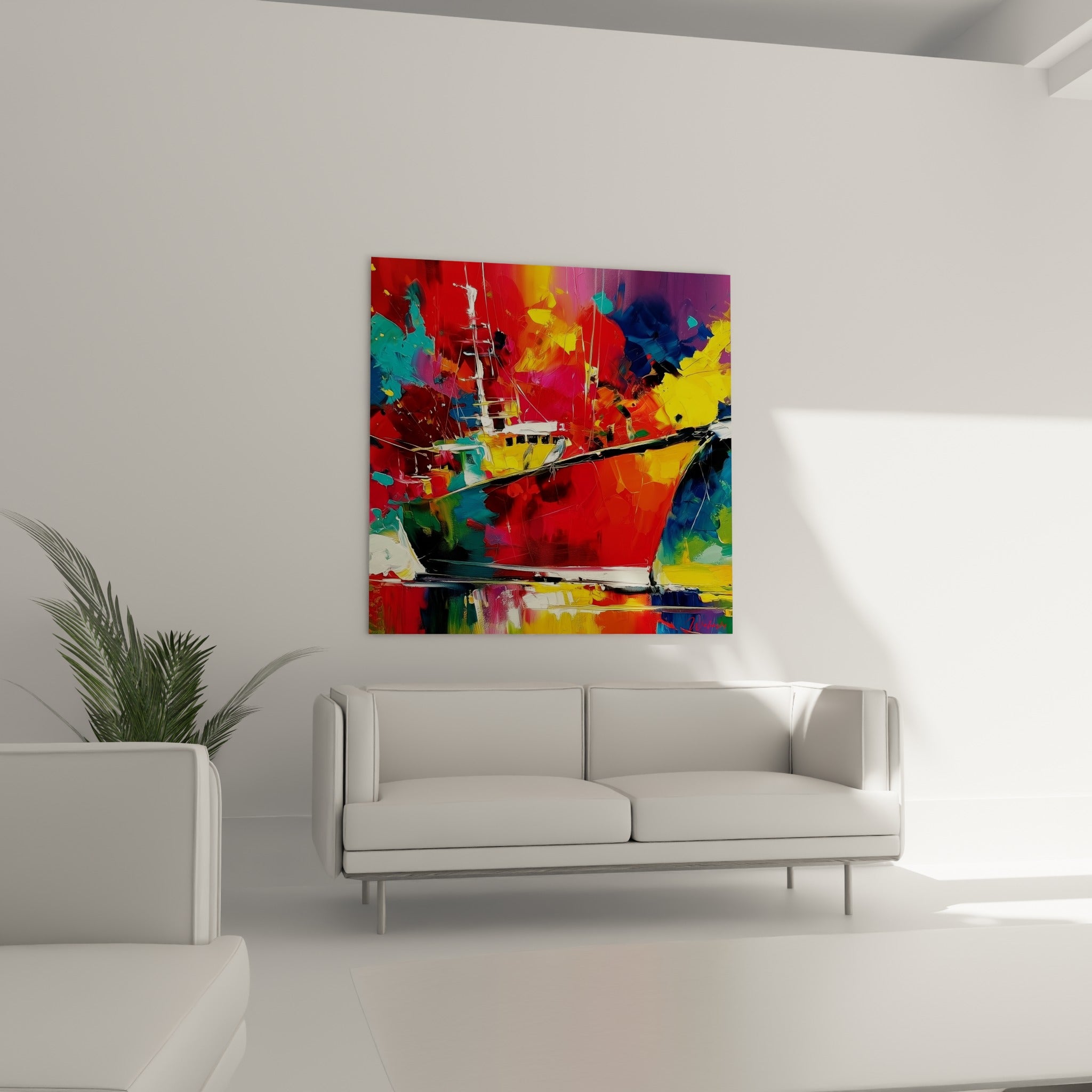 Voilier orange et violet peint en larges empâtements, tableau bateau abstrait au-dessus d'un canapé dans un salon lumineux