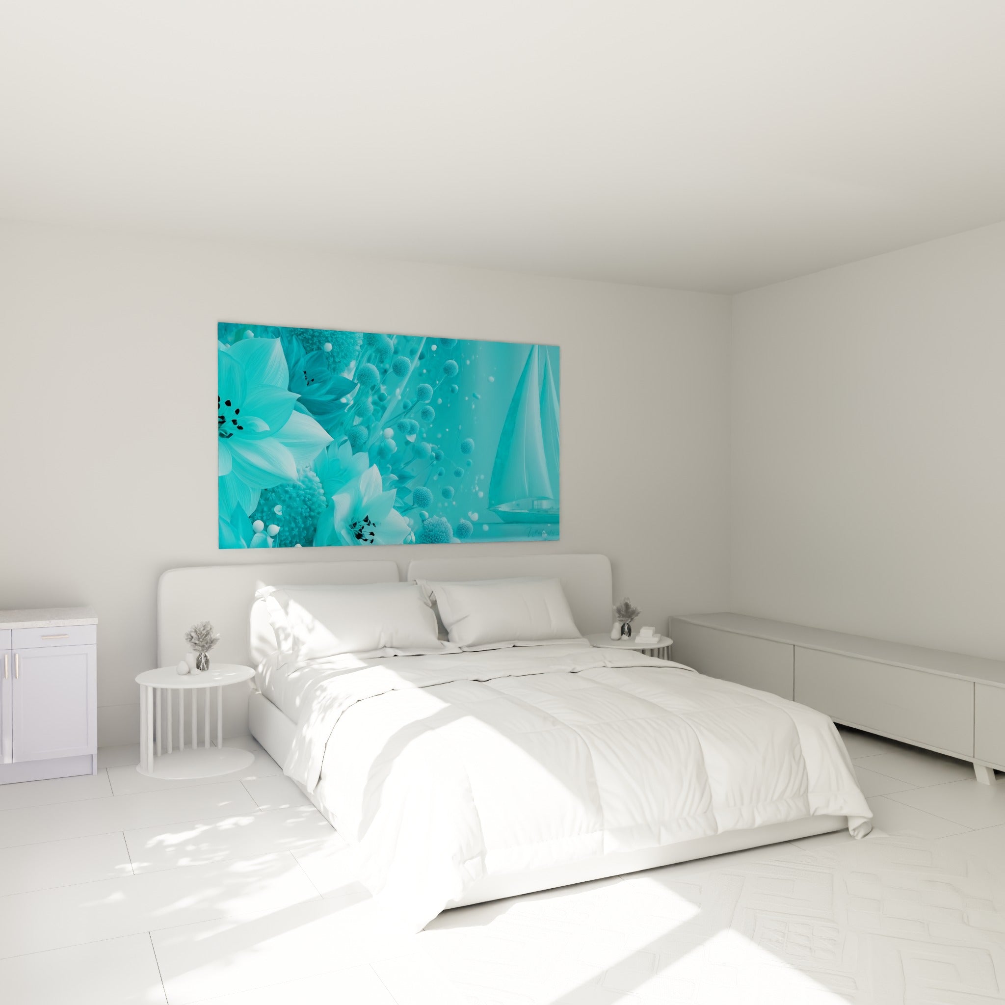 Pétales turquoise et voilier discret composent ce tableau bateau abstrait, accroché au-dessus d'un lit dans une chambre claire