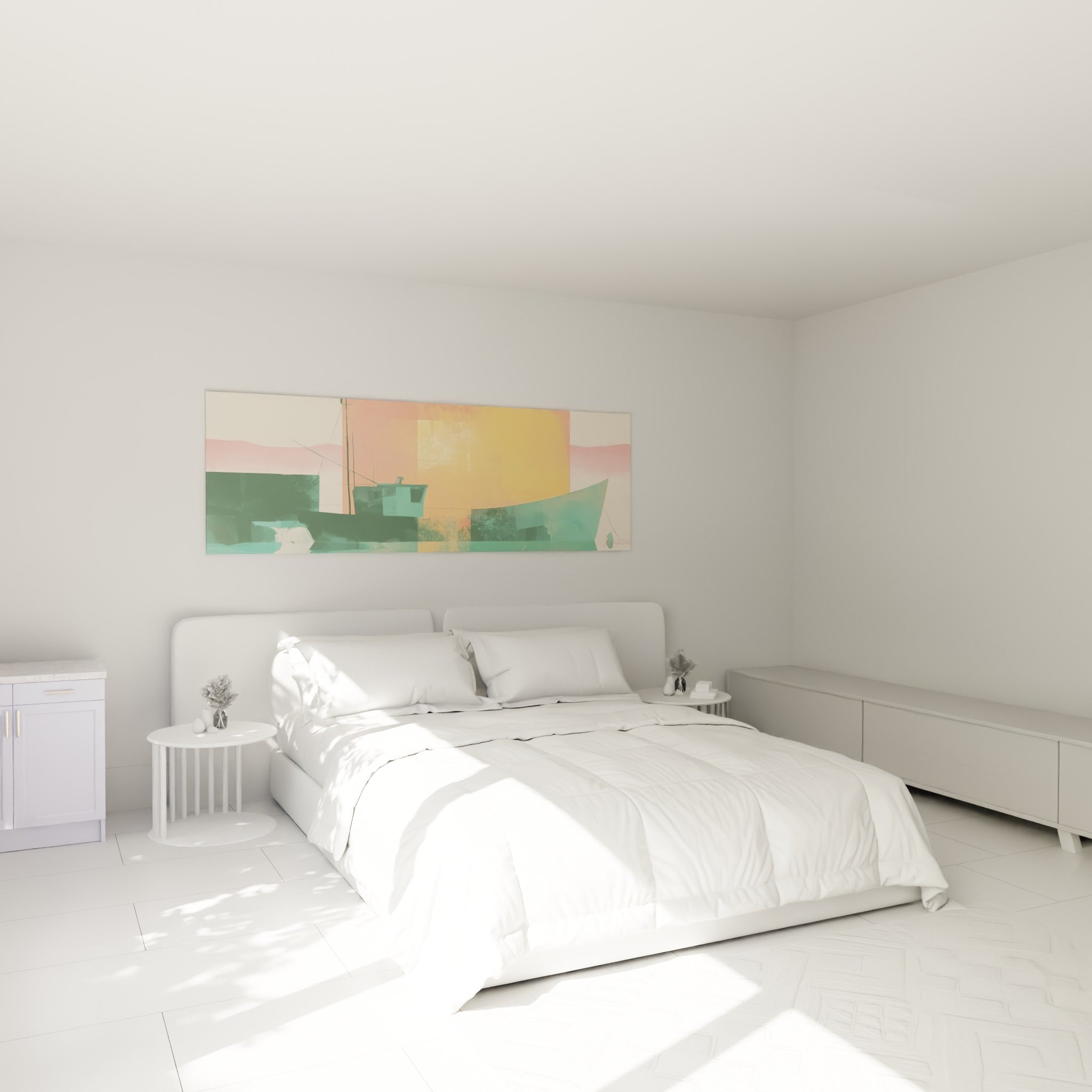 Silhouette de bateau vert et soleil doré accrochée au-dessus d'un lit dans une chambre claire