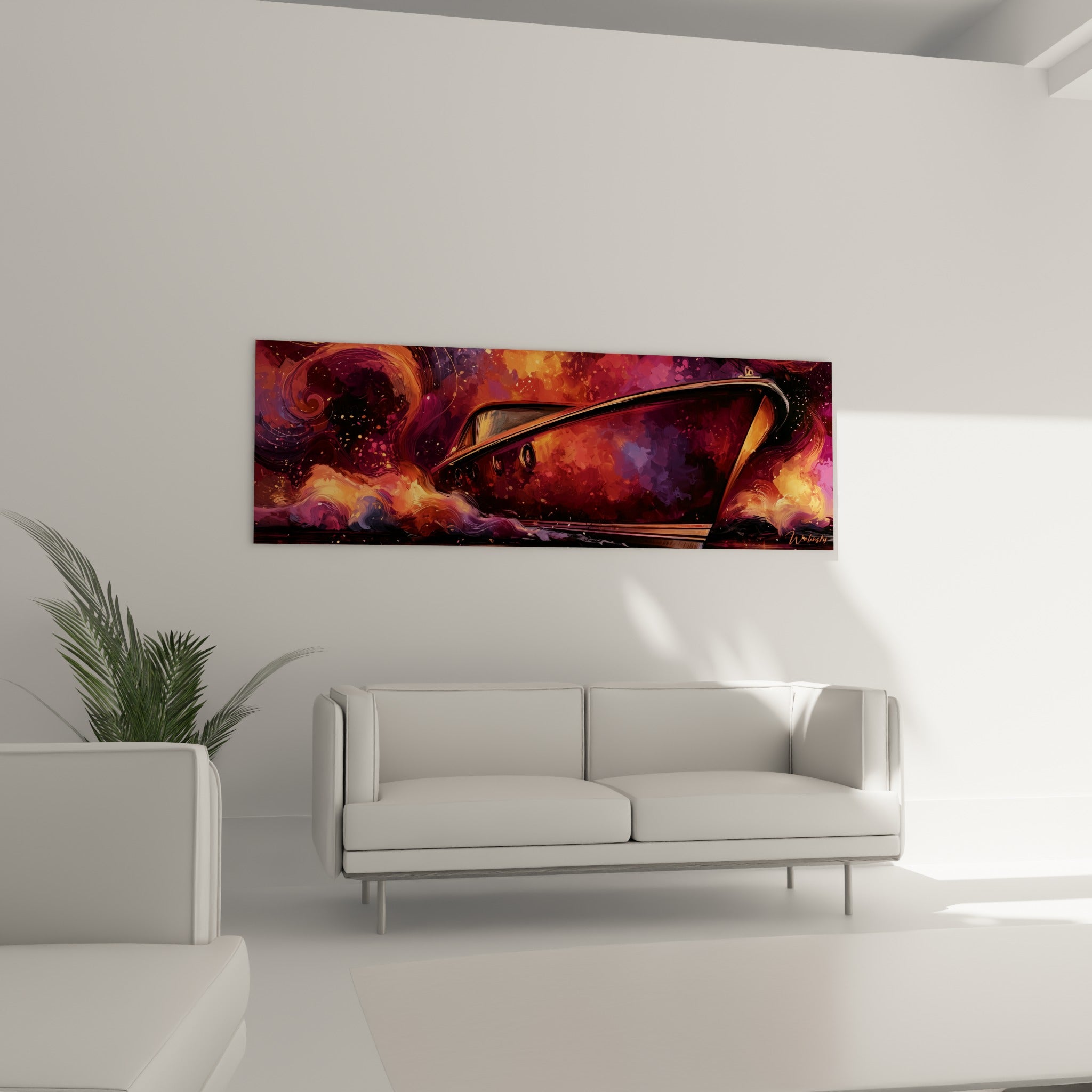 Navire abstrait aux teintes violettes et orangées voguant sur des flots stylisés, au-dessus d'un canapé dans un salon lumineux
