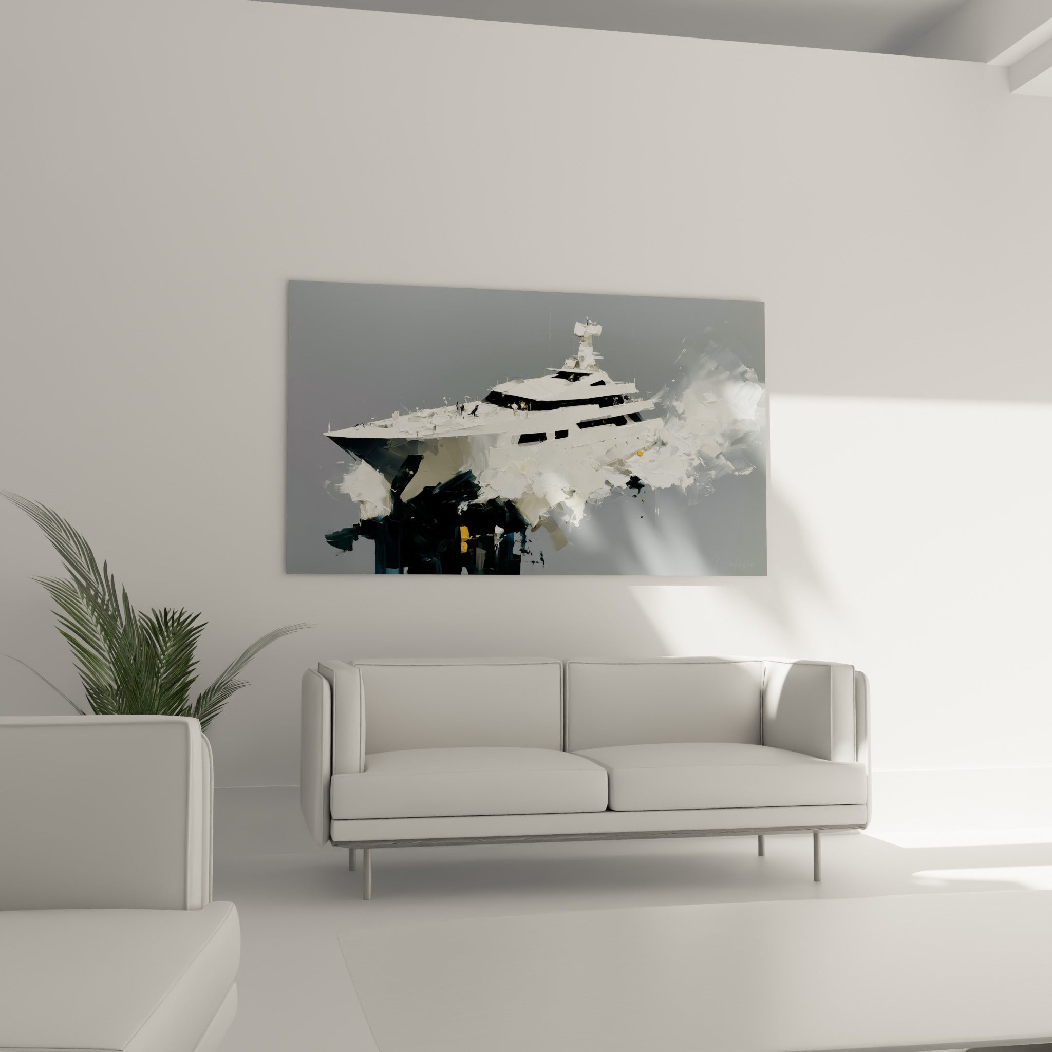 Proue effilée d'un yacht blanc et anthracite, tableau bateau abstrait au-dessus d'un canapé dans un salon lumineux