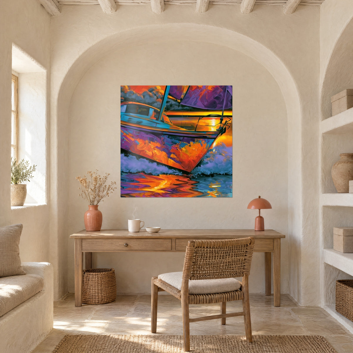 Wall art boat set aflame by twilight, thick orange and blue paint, above a light wood desk beneath an arch