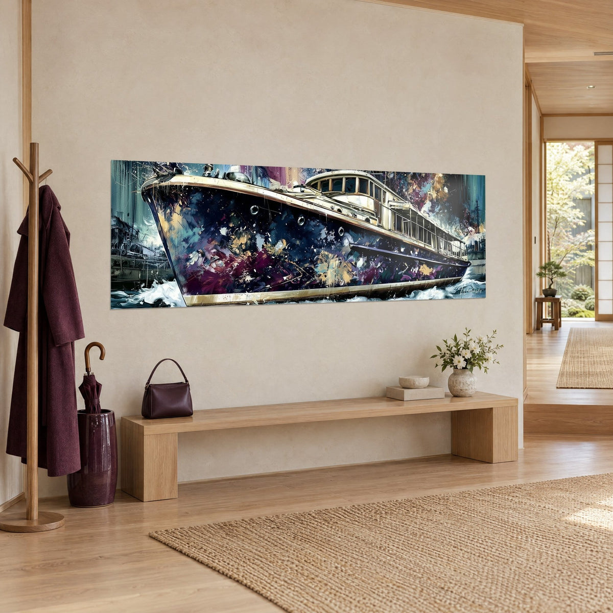 Wall art abstract boat cutting through white foam, violet and gold hull with round portholes, on a beige wall beside a wooden bench