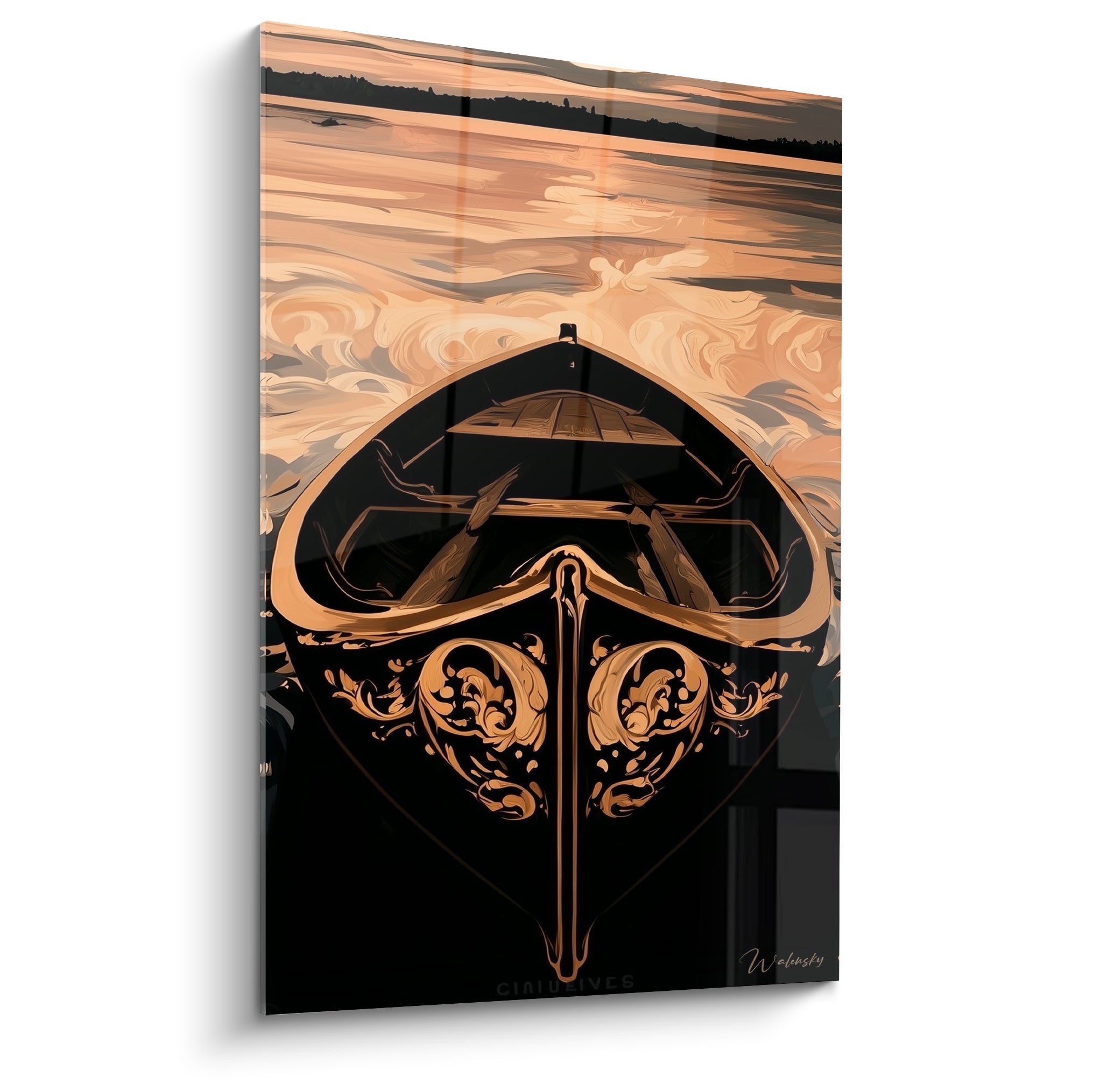 Proue de barque noire aux volutes dorées, tableau bateau abstrait sur fond ocre tourbillonnant