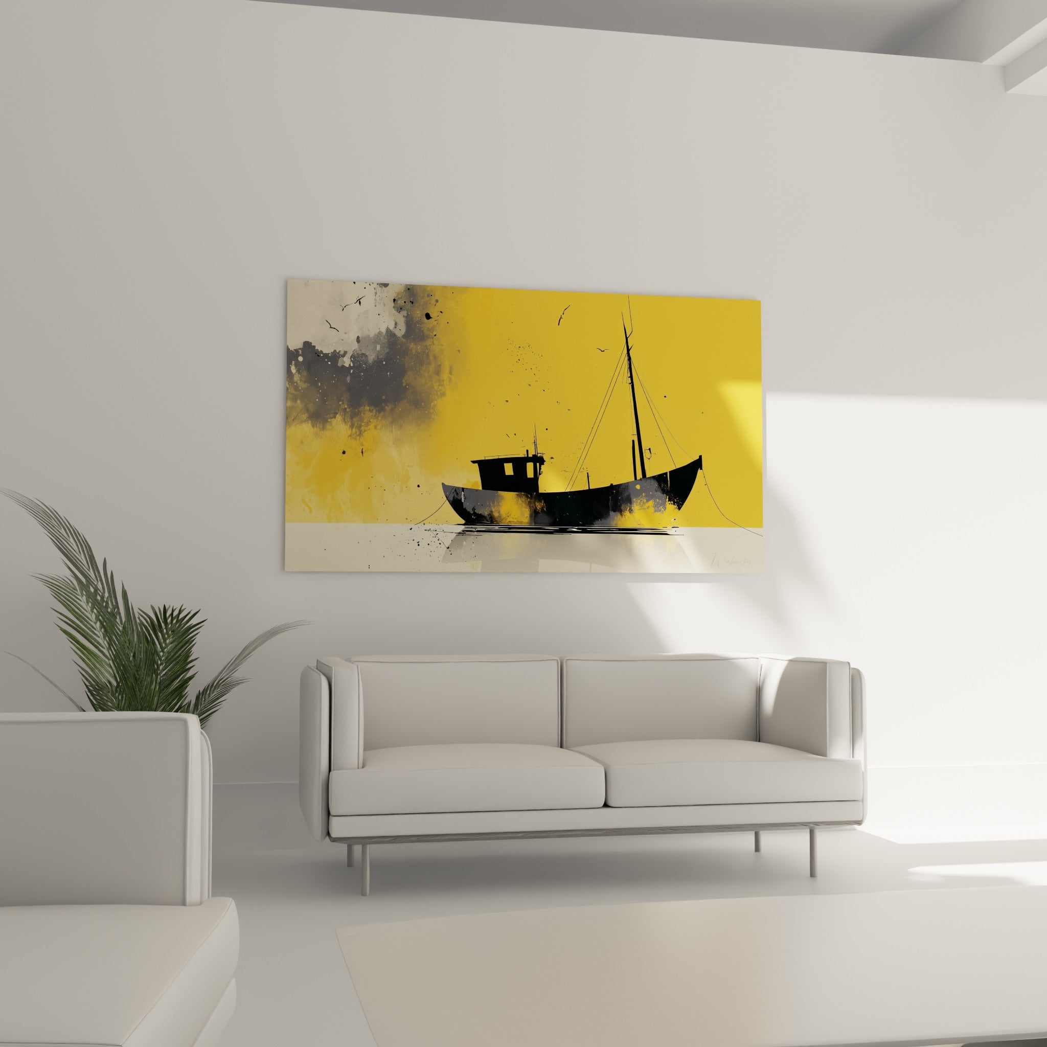 Silhouette marine du tableau Bateau abstrait ocre et anthracite au-dessus d'un canapé dans un salon lumineux