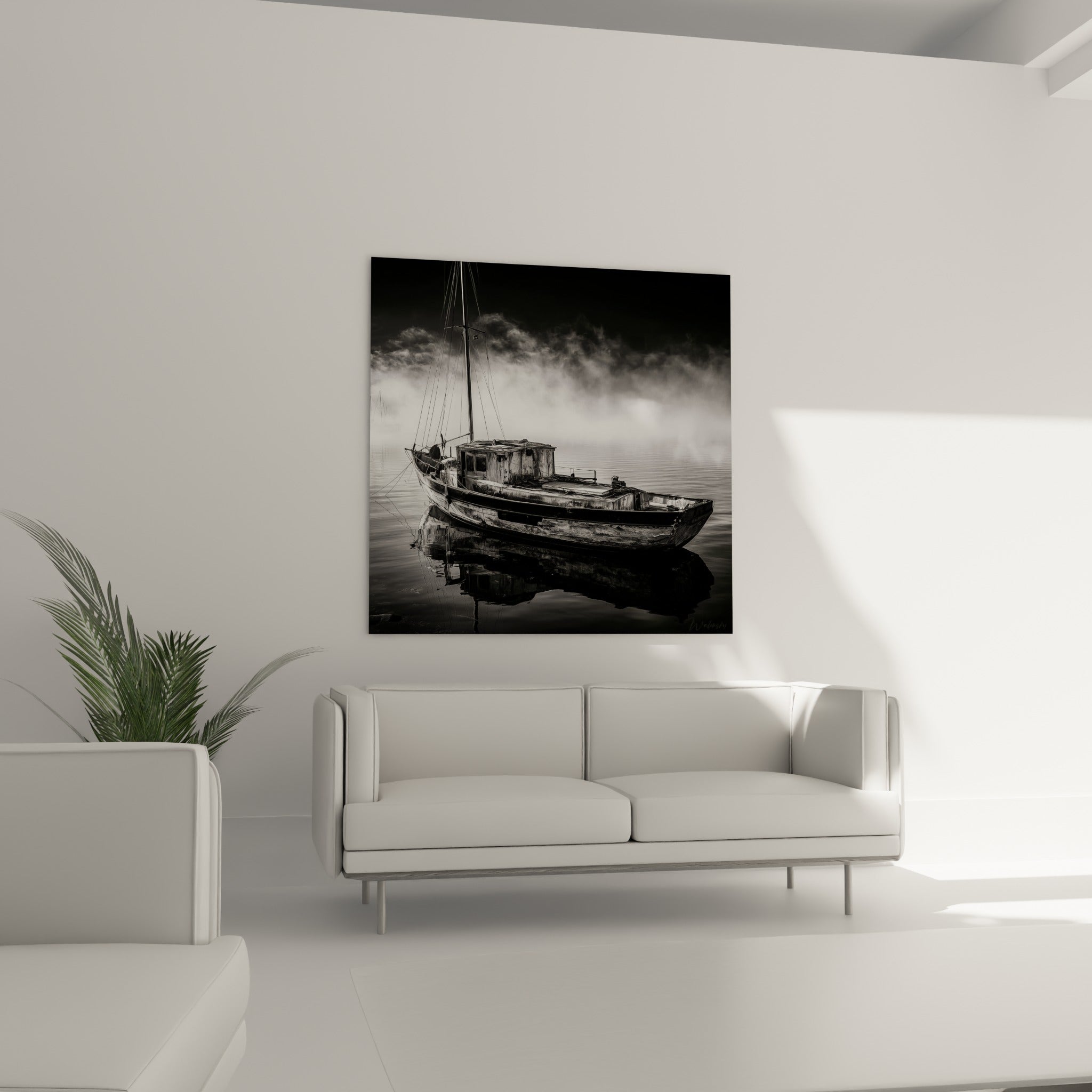 Coque usée grise et noire du tableau bateau abstrait au-dessus d'un canapé dans un salon lumineux