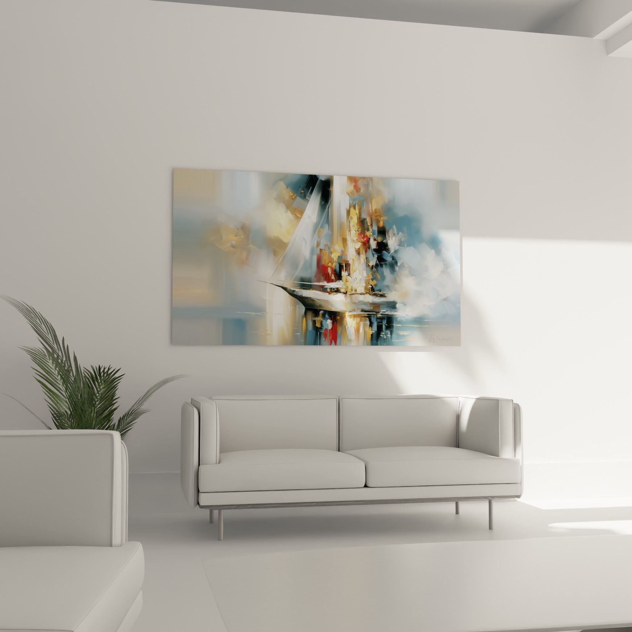 Reflet du bateau abstrait doré et rouge au-dessus d'un canapé dans un salon lumineux