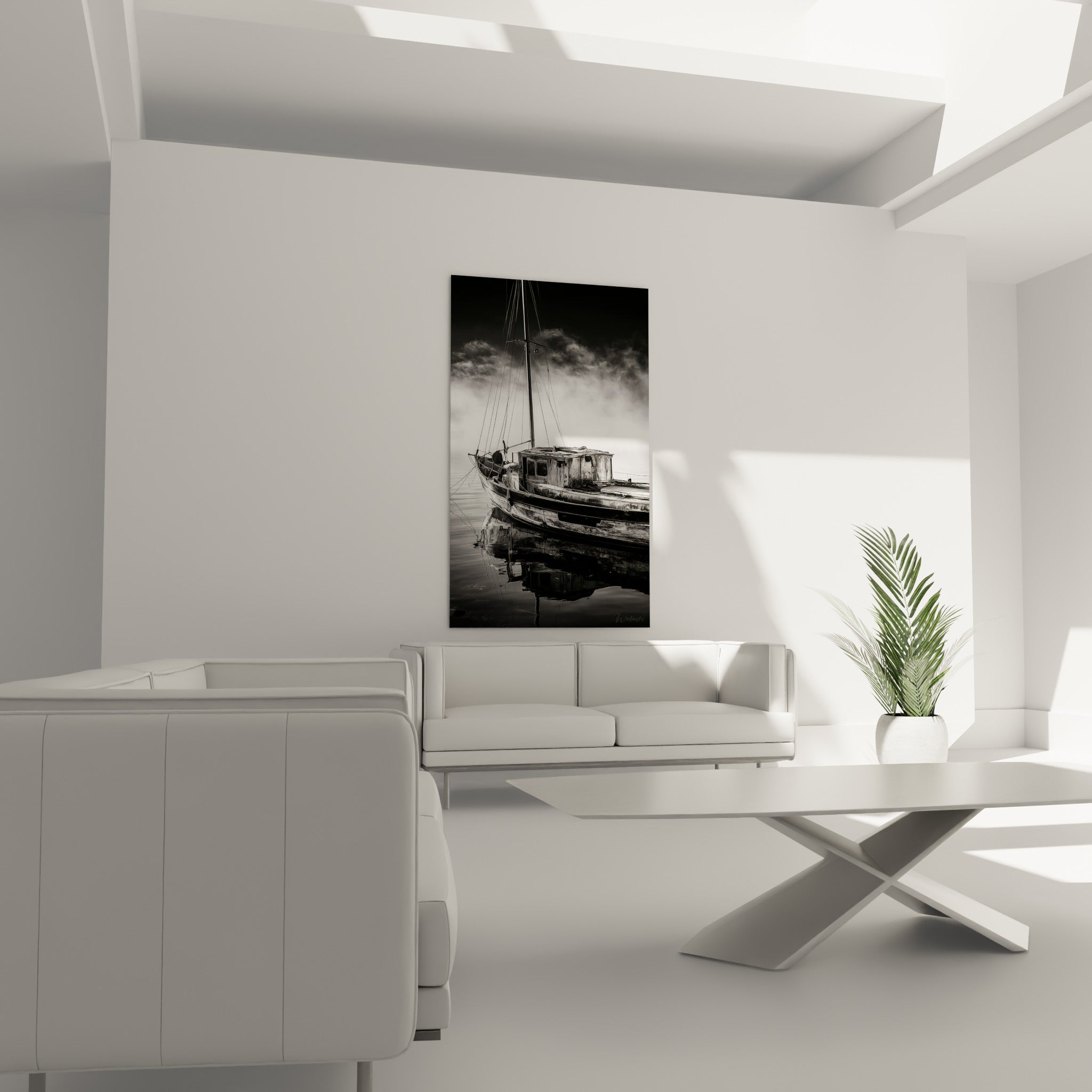 Embarcation solitaire cernée de nuages blancs et d'eau noire, au-dessus d'un canapé dans un salon lumineux