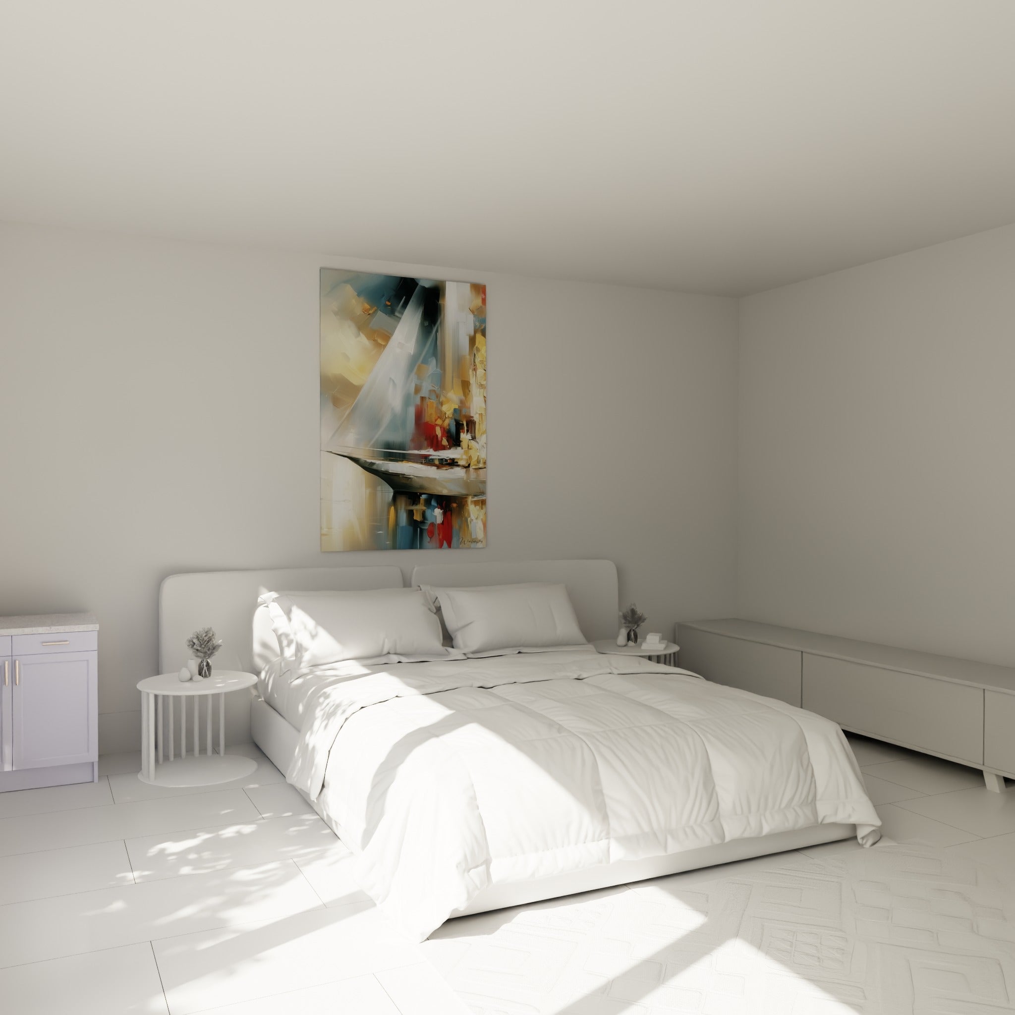 Voile blanche et coque anthracite du bateau abstrait au-dessus d'un lit dans une chambre claire