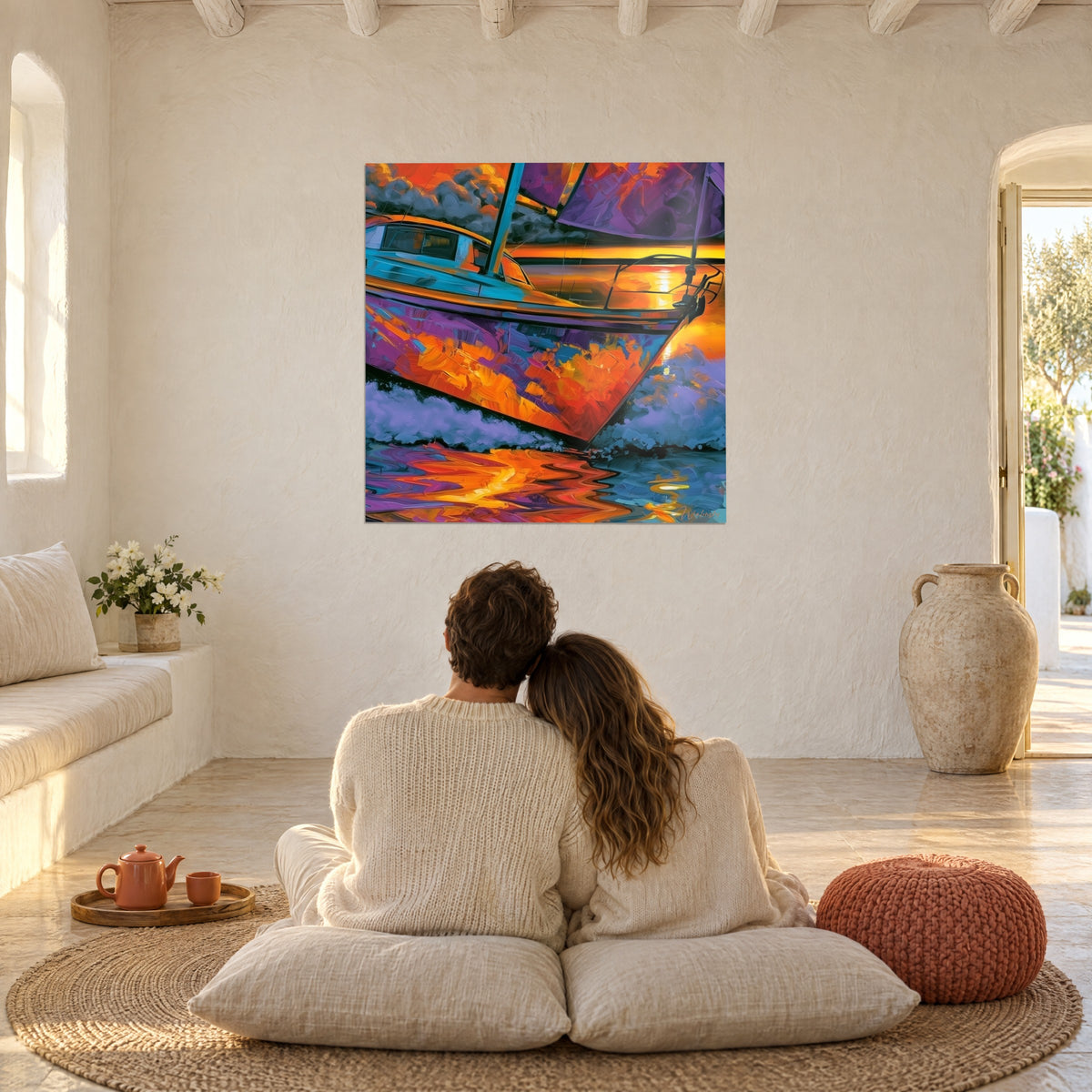 Wall art sloop with ember-glow reflections on indigo sea, couple embracing from behind on white cushions in a living room with cream walls