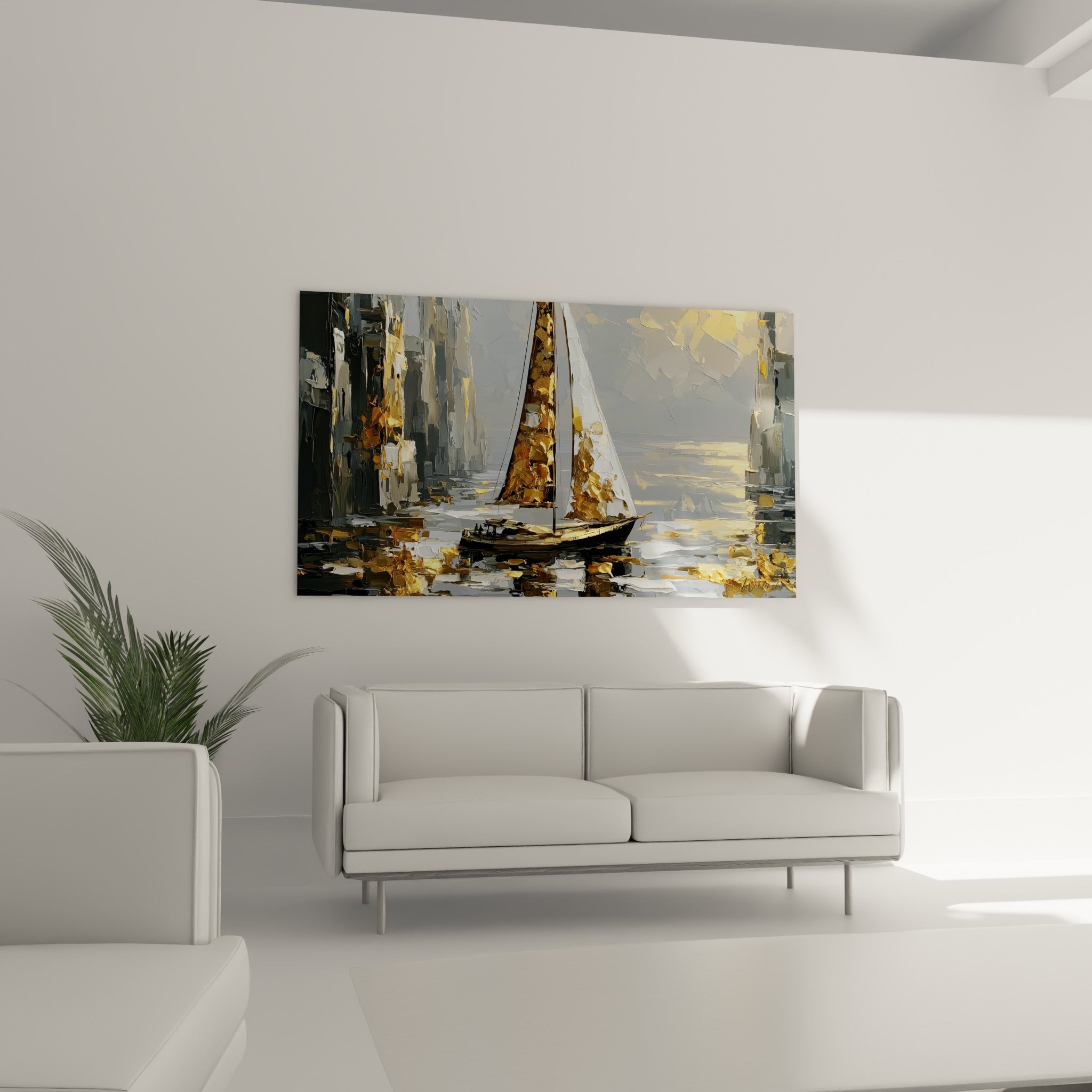 Voilier aux teintes or et gris au-dessus d'un canapé dans un salon lumineux, reflets sur l'eau