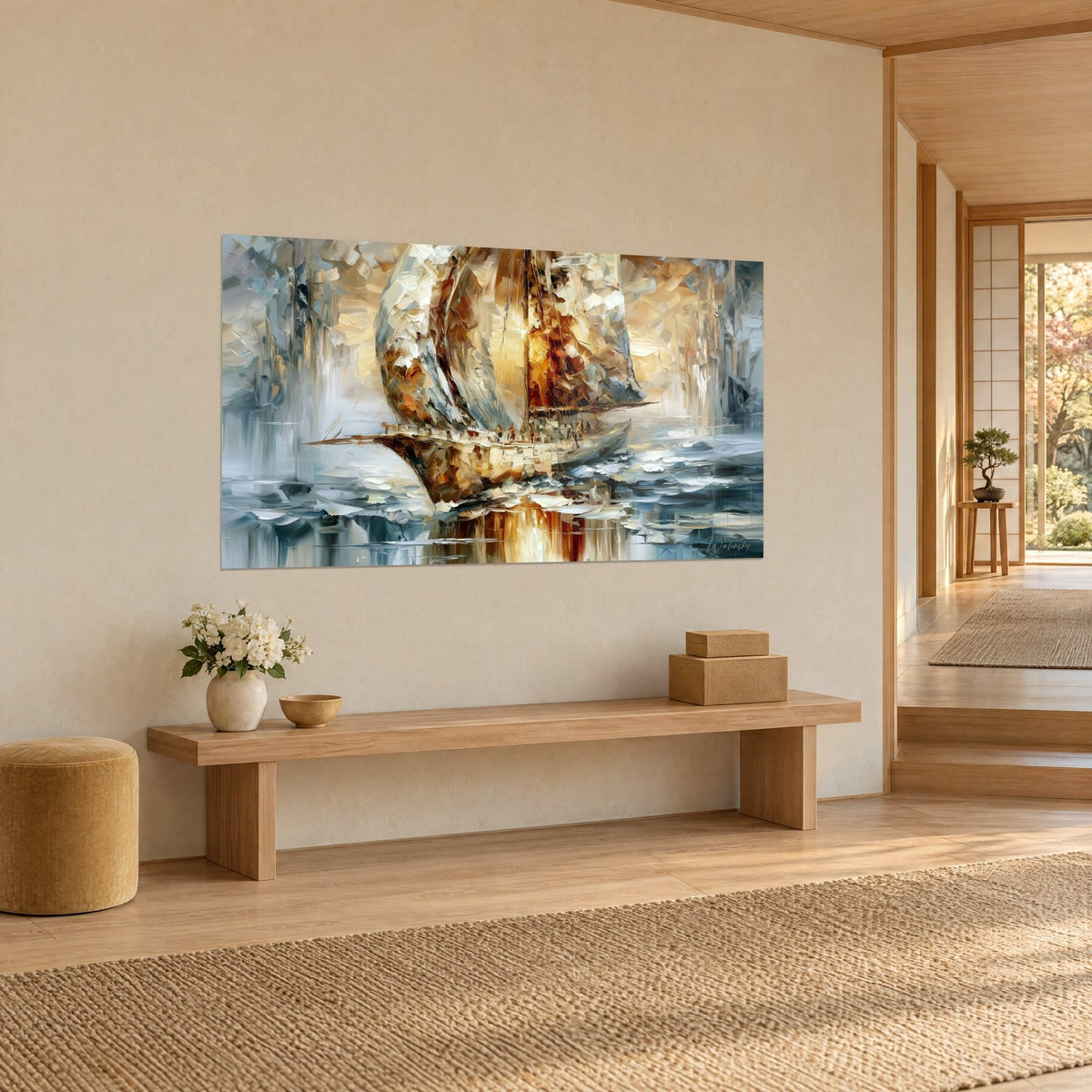 Schilderij van abstract driemastschip met witte en koperbruine impasto, amberkleurige romp, opgehangen boven een bank van licht hout