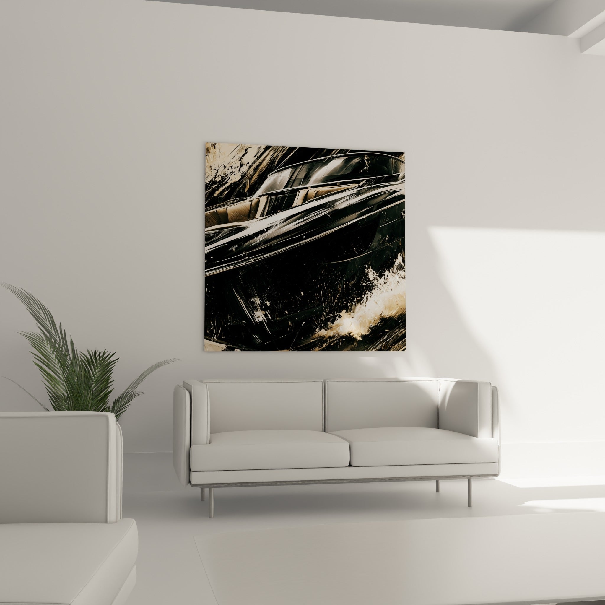 Reflets métalliques et vague beige d'un yacht abstrait noir au-dessus d'un canapé dans un salon lumineux