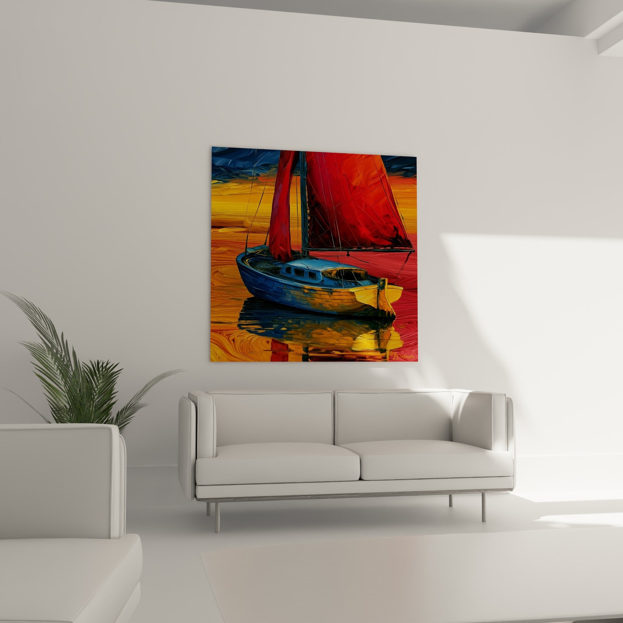 Reflets ocre et rouge du tableau bateau abstrait, disposé au-dessus d'un canapé dans un salon lumineux