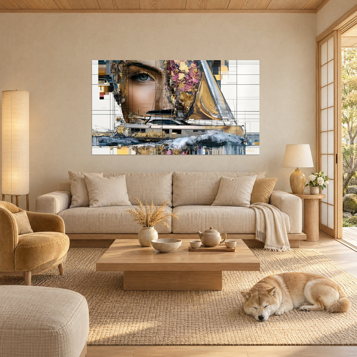 Tableau voilier aux voiles dorées et visage fragmenté, œil bleu, éclats rose et or, shiba couché, au-dessus d'un canapé dans un salon lumineux