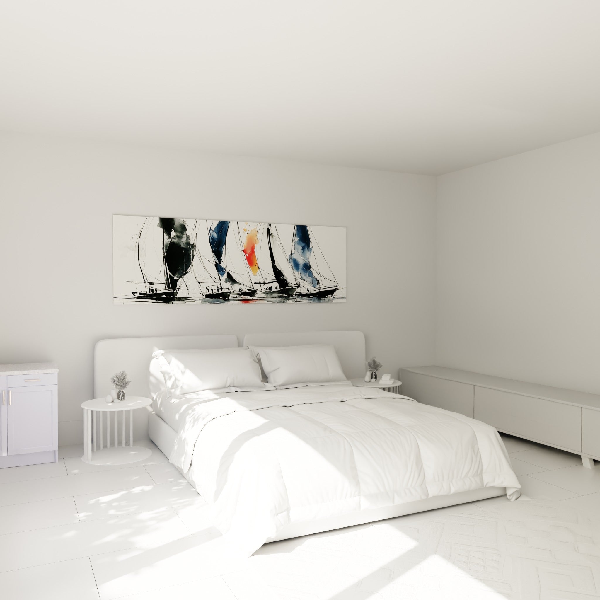 Régate de voiliers noirs et bleu marine avec touche orange, au-dessus d'un lit dans une chambre claire