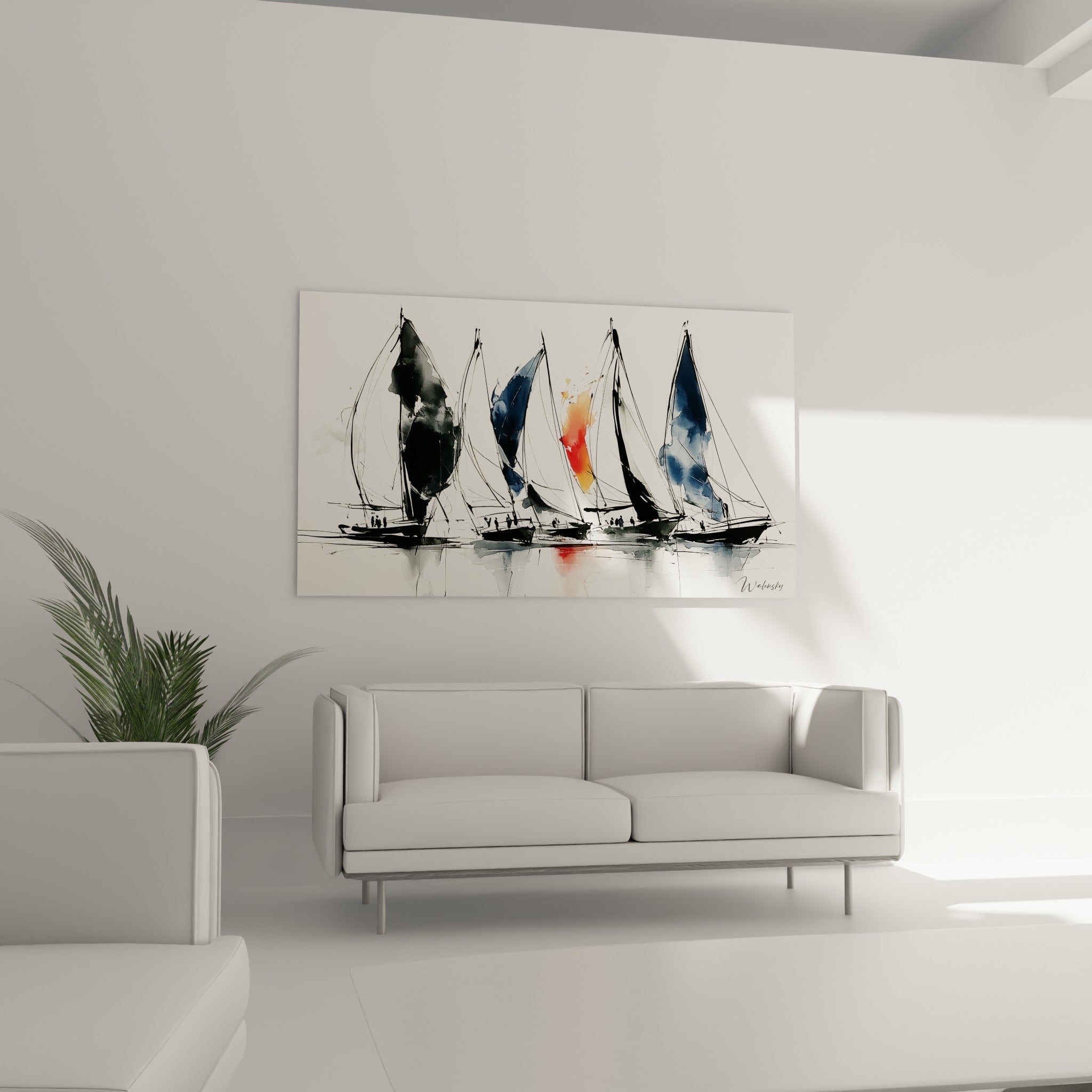Voiliers esquissés en noir et bleu marine avec éclat orangé central, au-dessus d'un canapé dans un salon lumineux