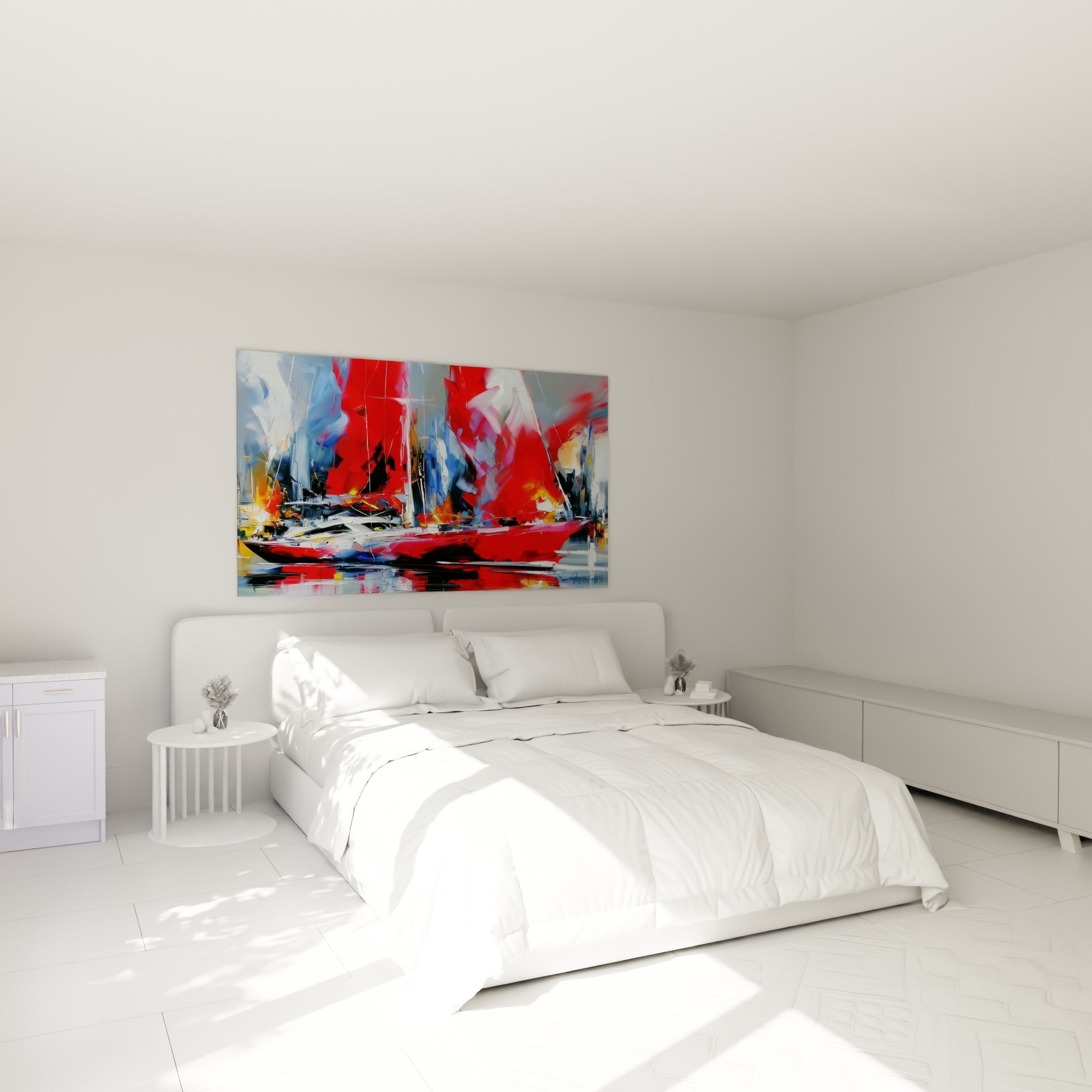 Voiliers rouges et gris en pleine régate, accrochés au-dessus d'un lit dans une chambre claire