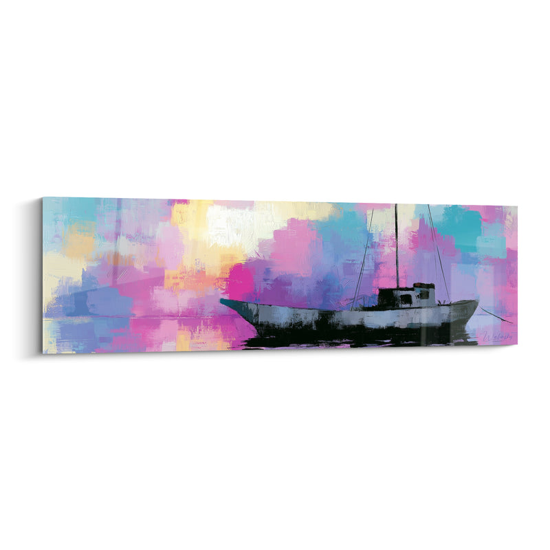 Tableau Bateau de pêche noir aux touches roses - Brume colorée du soir - Edition Bateau abstrait