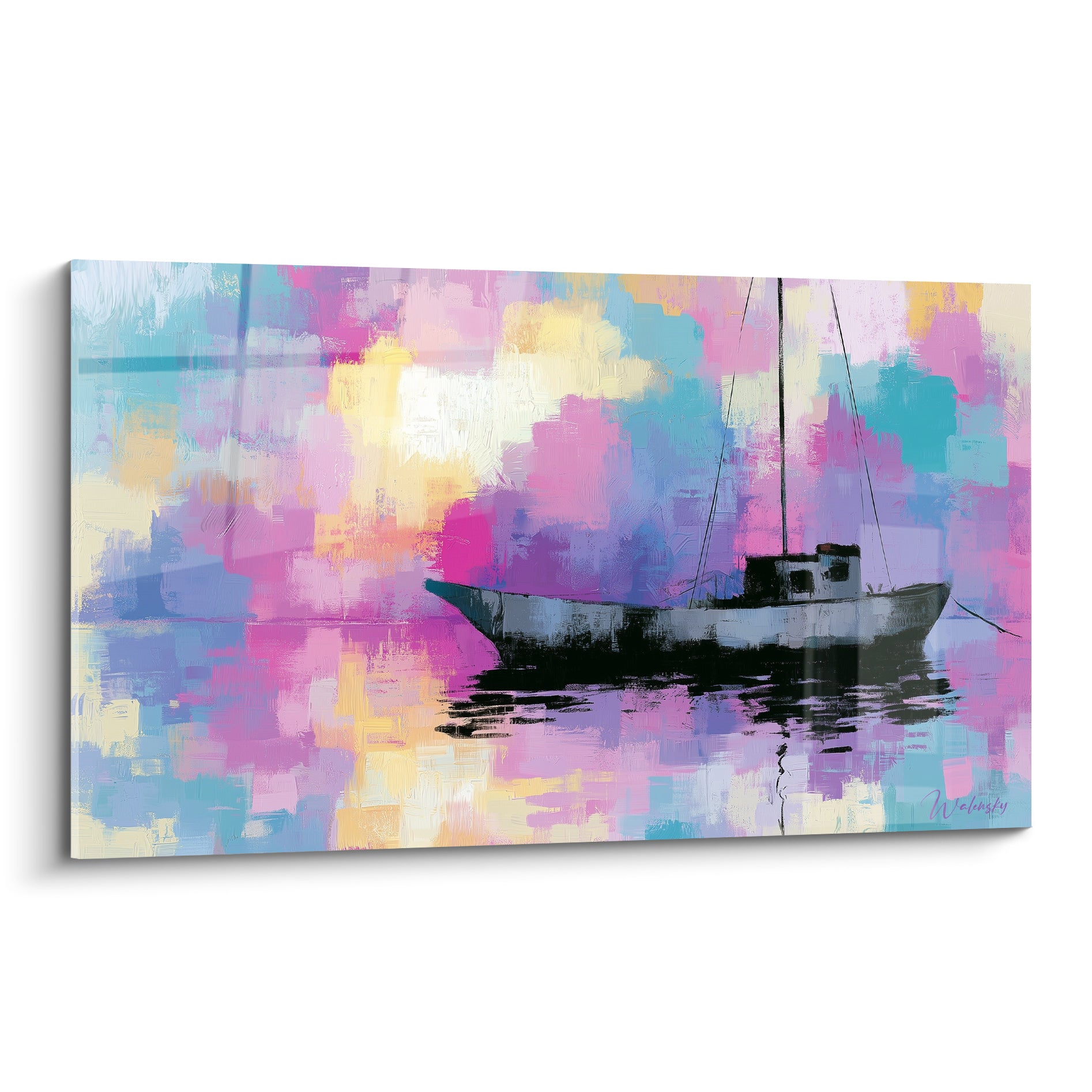 Bateau abstrait anthracite silhouette sur ciel rose et turquoise en touches picturales
