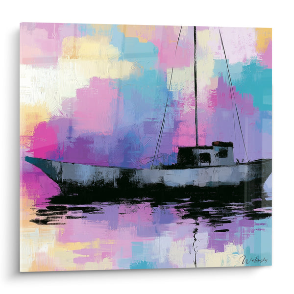 Pink and Turquoise Fishing Boat Painting - Floating Reverie - Abstract Boat Edition