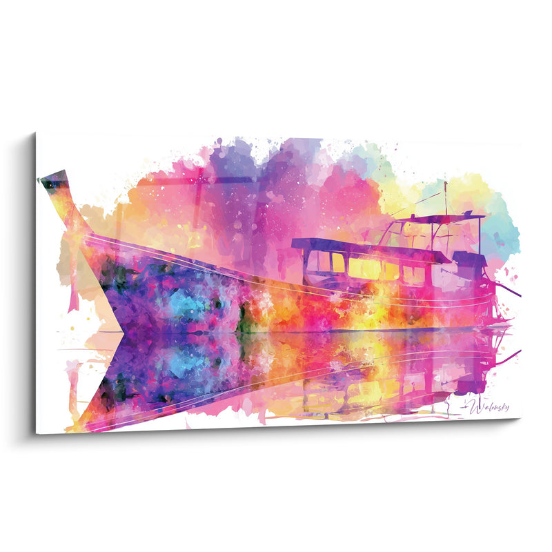 Tableau Bateau longtail rose et violet aux reflets aquarellés - Cabine ajourée éclatante - Edition Bateau abstrait