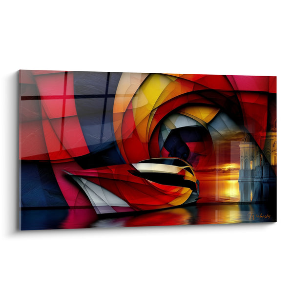 Red and Gold Boat Painting at Dusk - Journey to the Horizon - Abstract Boat Edition