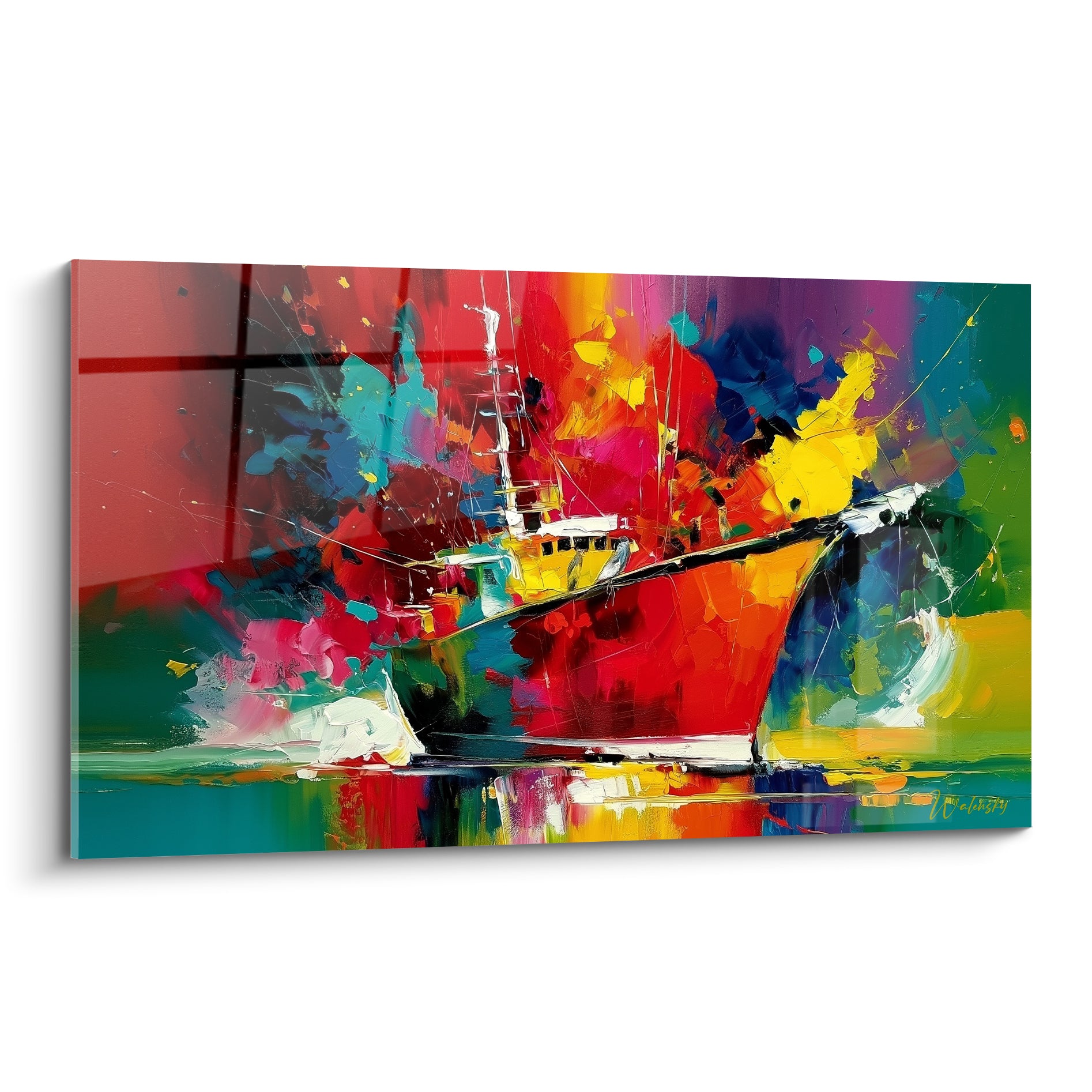 Chalutier rouge et jaune peint en touches abstraites, coque éclatante sur fond multicolore turquoise