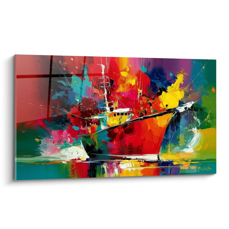 Tableau Chalutier rouge et jaune à cabine blanche - Explosion de couleurs - Edition Bateau abstrait
