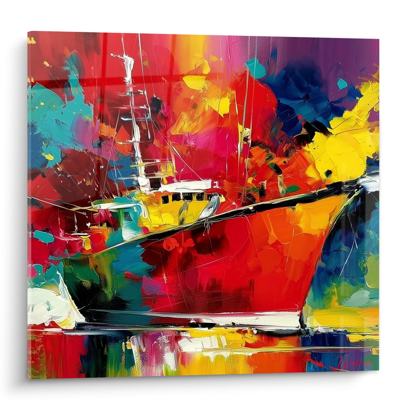 Tableau Bateau de pêche rouge et jaune éclatant - Retour de pêche - Edition Bateau abstrait