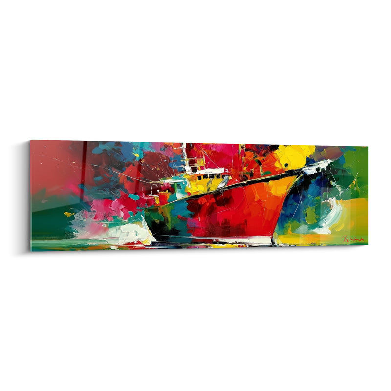 Tableau Bateau rouge et jaune aux empâtements vifs - Ivresse portuaire - Edition Bateau abstrait