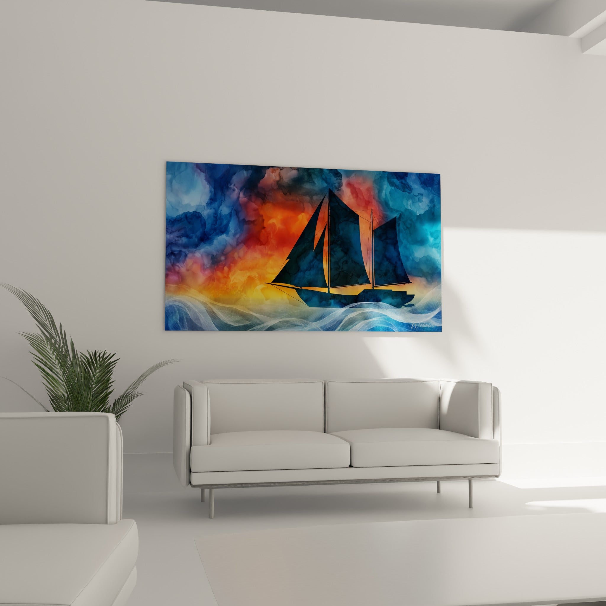 Bateau à voiles anthracite se détachant sur fond rouge et doré, au-dessus d'un canapé dans un salon lumineux