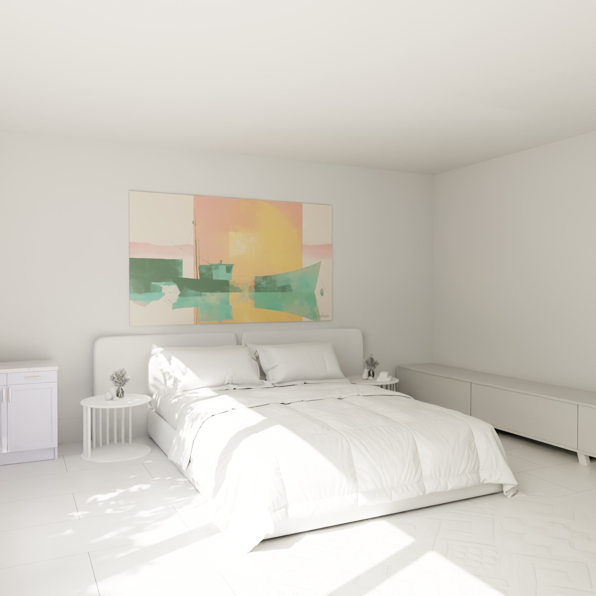 Silhouette de bateau vert et soleil doré peints en aplats, accrochés au-dessus d'un lit dans une chambre claire