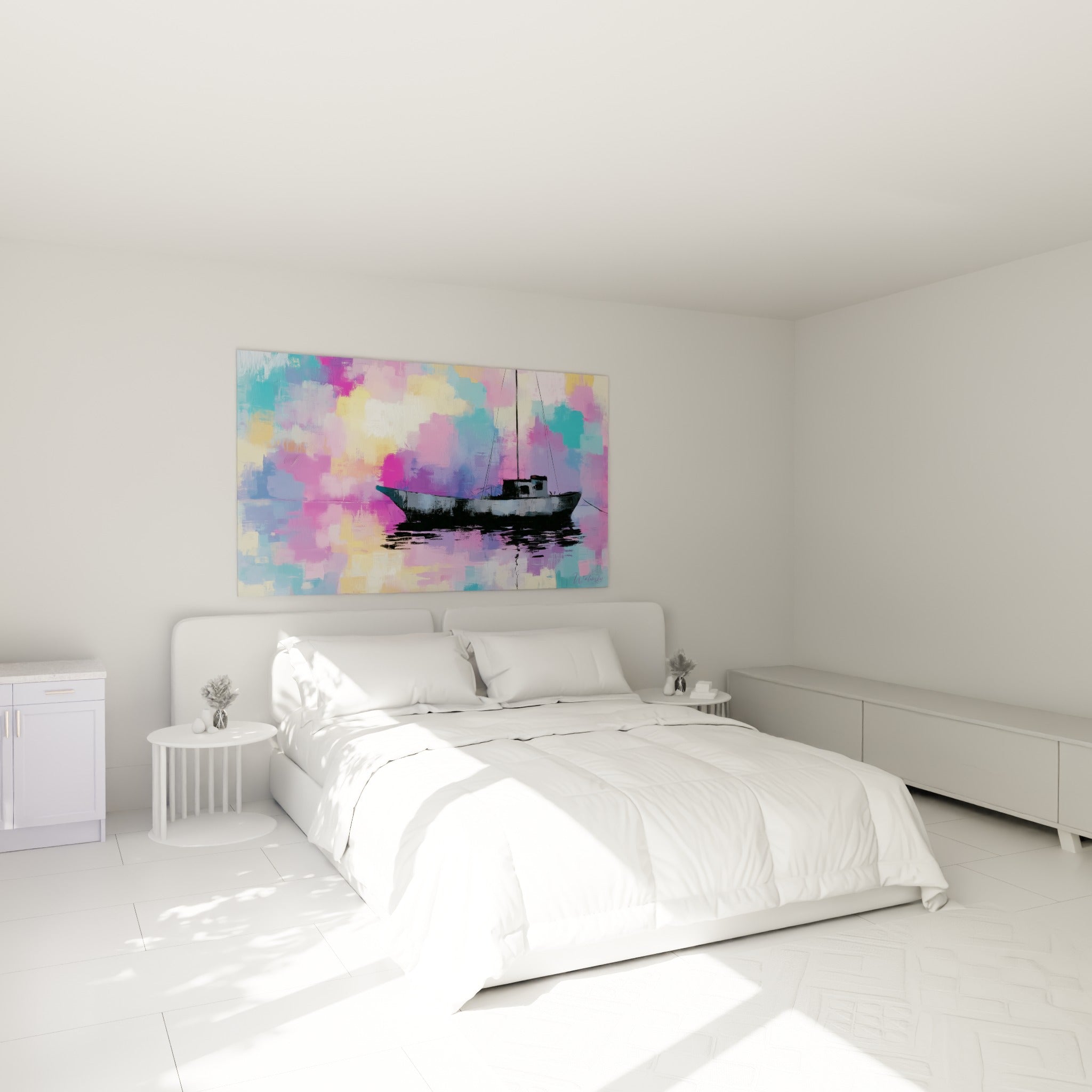 Embarcation sombre au fond rose et doré, œuvre accrochée au-dessus d'un lit dans une chambre claire