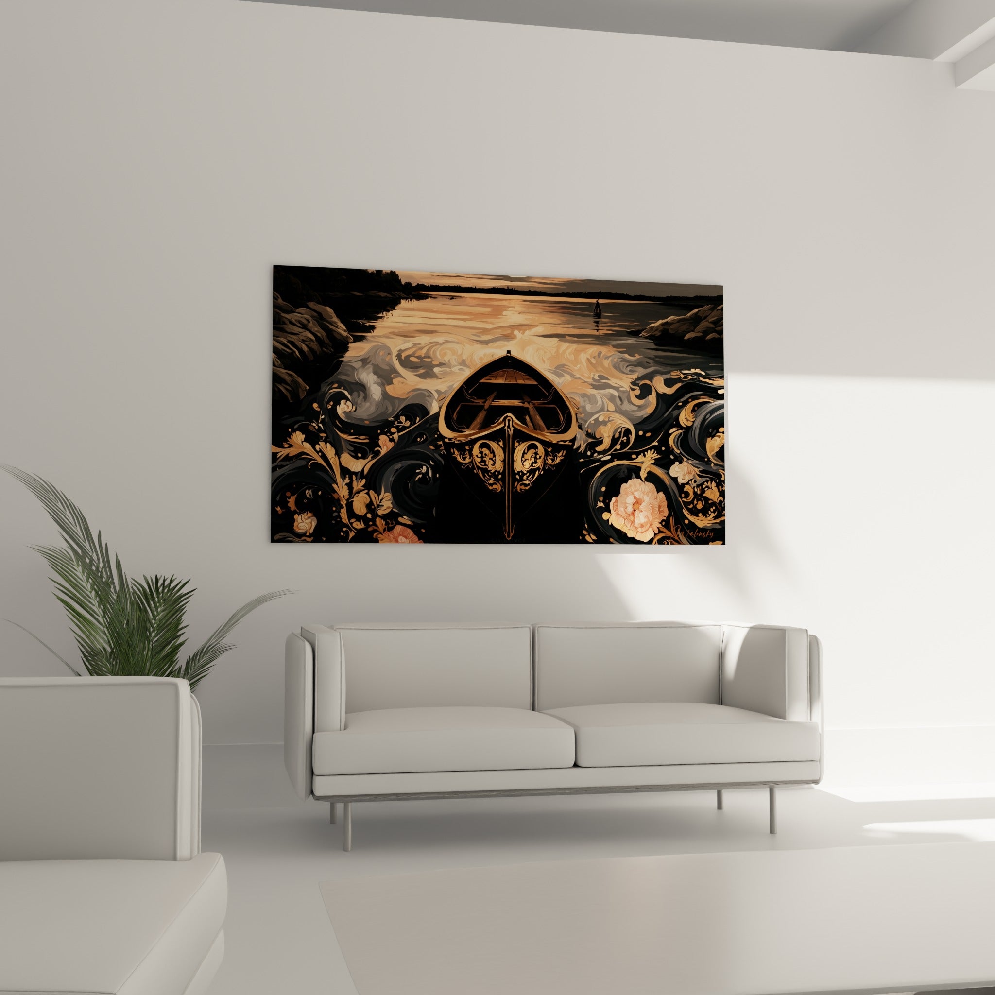 Silhouette d'une barque ornée de motifs dorés sur fond de ciel orangé, au-dessus d'un canapé dans un salon lumineux