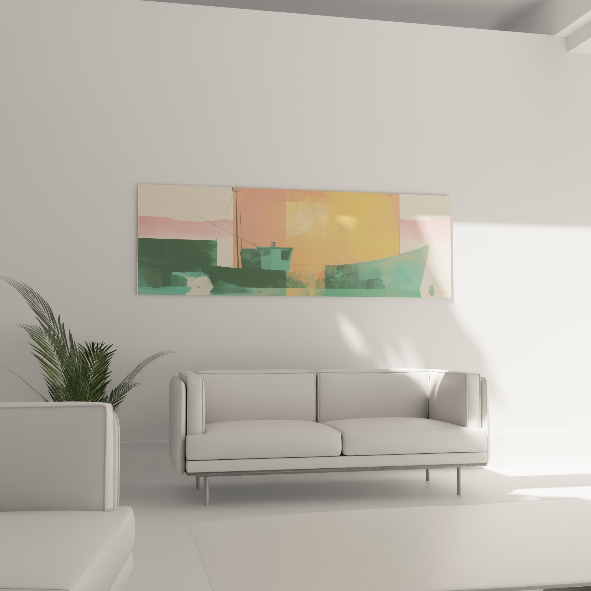 Bateau abstrait aux tons vert profond et orangé placé au-dessus d'un canapé dans un salon lumineux