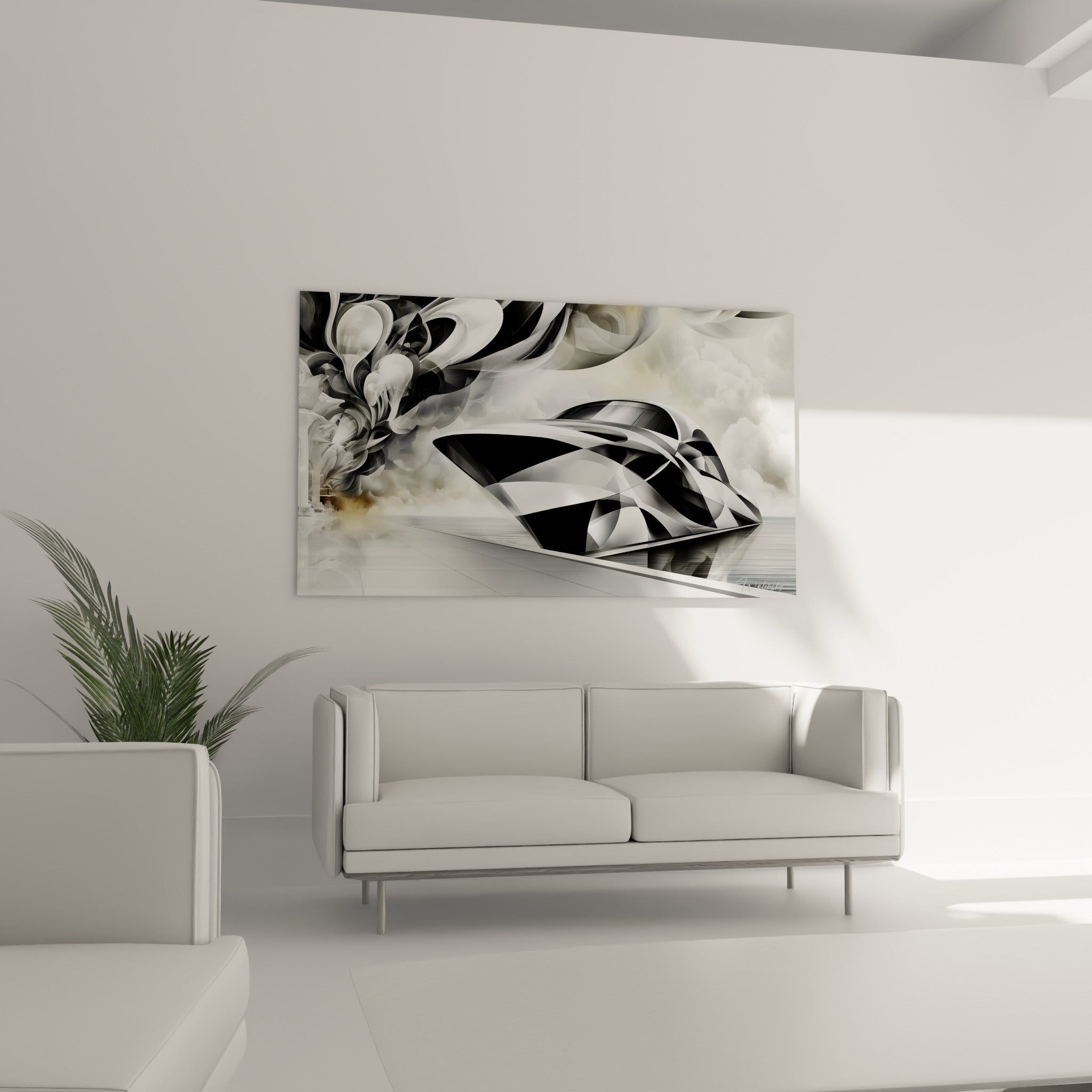 Silhouette fragmentée noire et blanche du bateau abstrait au-dessus d'un canapé dans un salon lumineux