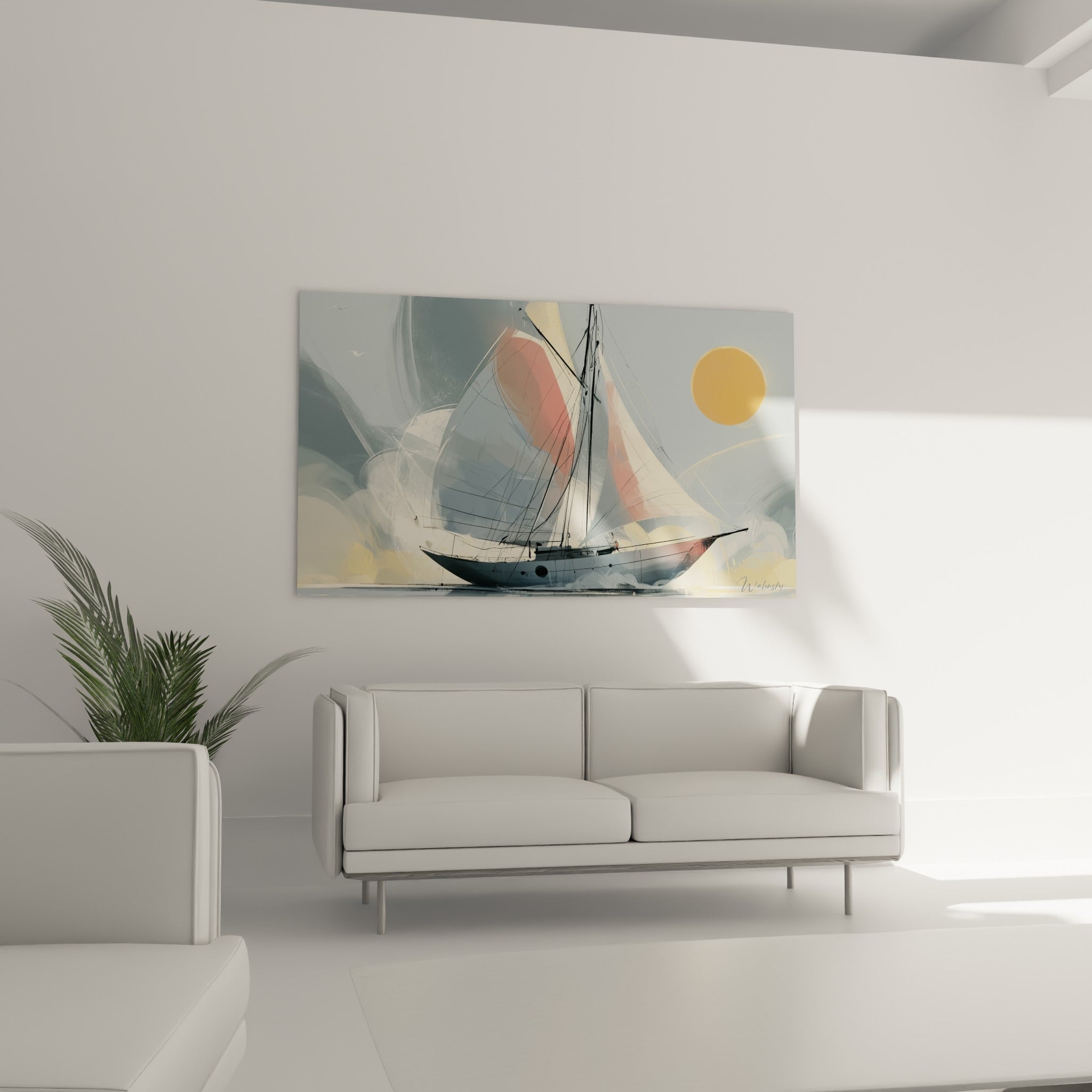 Silhouette d'un voilier gris et ocre, tableau bateau abstrait au-dessus d'un canapé dans un salon lumineux