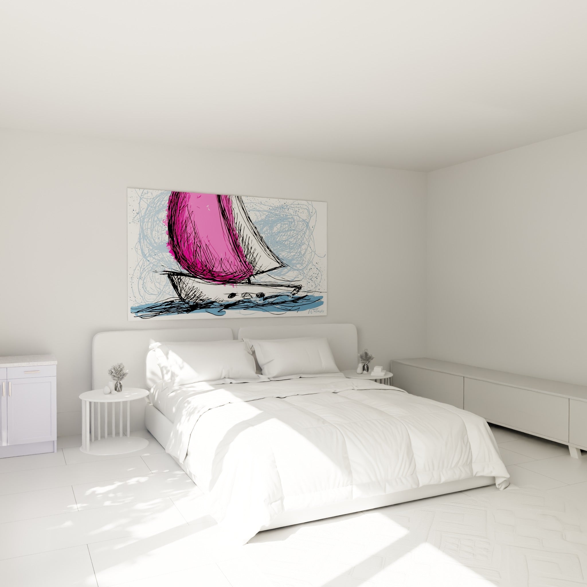 Voile rose fuchsia et sillage bleu ardoise d'un bateau abstrait au-dessus d'un lit dans une chambre claire
