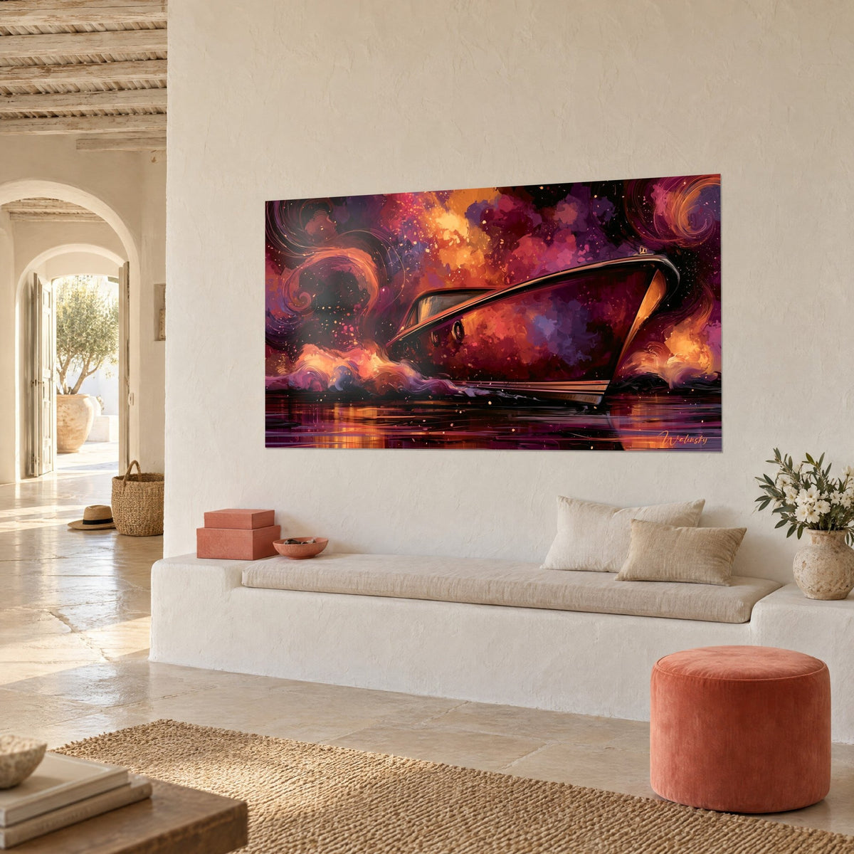 Tableau vedette ivoire à la proue effilée sur eau cuivrée, volutes magenta et orange, banquette blanche, maison méditerranéenne