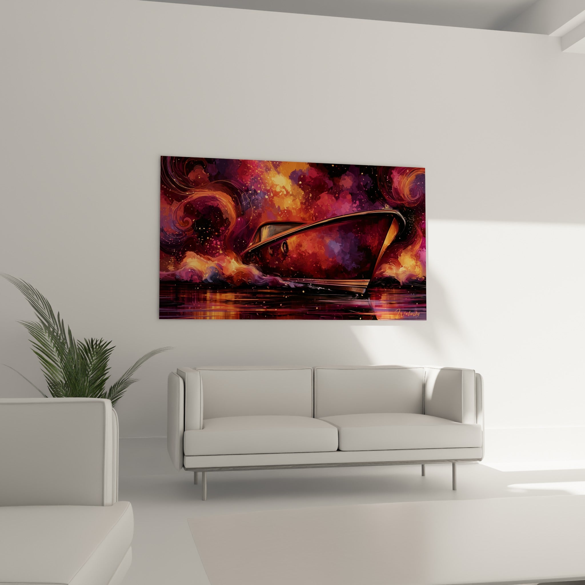 Coque noire fendant des vagues orangées et roses, Bateau abstrait au-dessus d'un canapé dans un salon lumineux