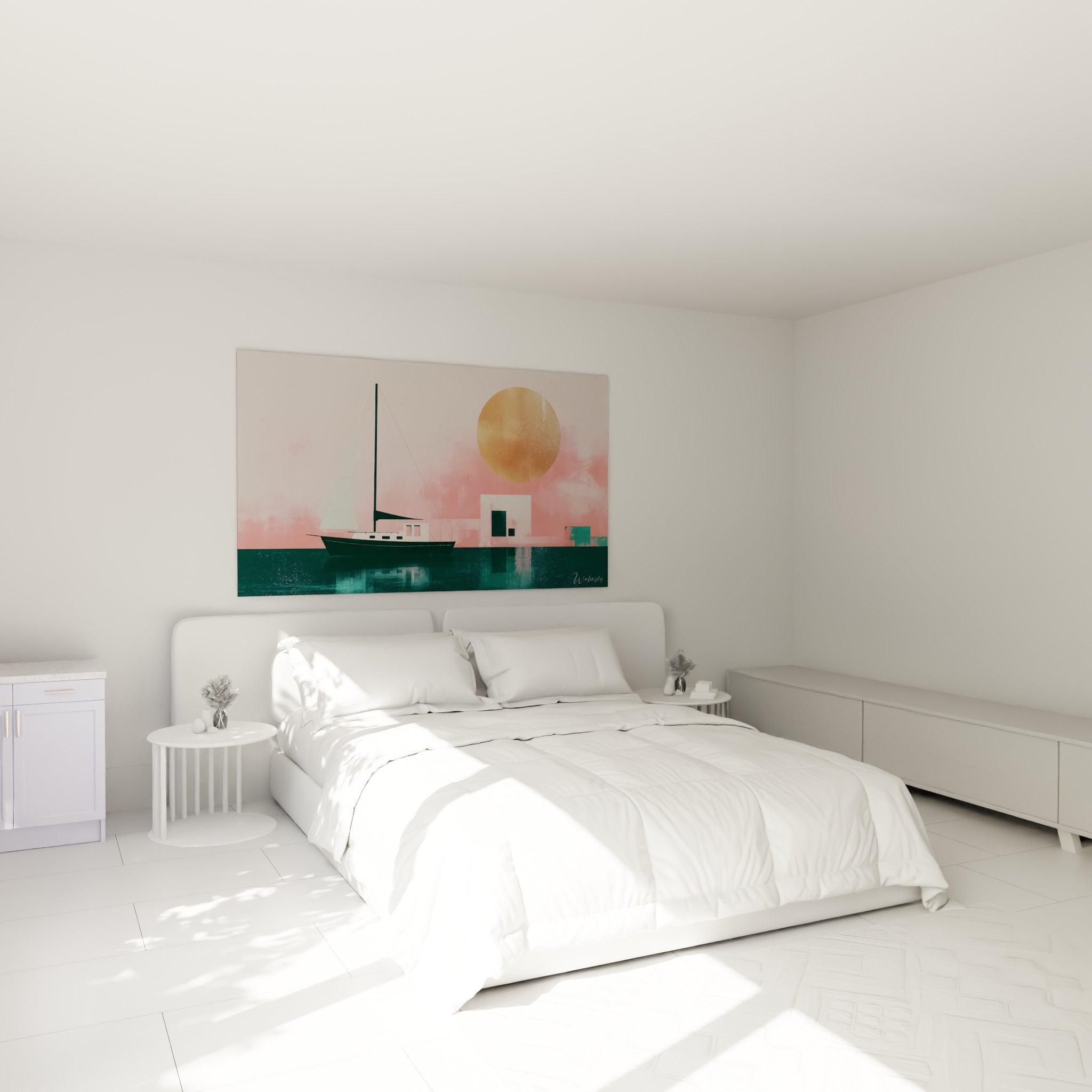 Silhouette de voilier rose et vert sarcelle, tableau bateau abstrait au-dessus d'un lit dans une chambre claire