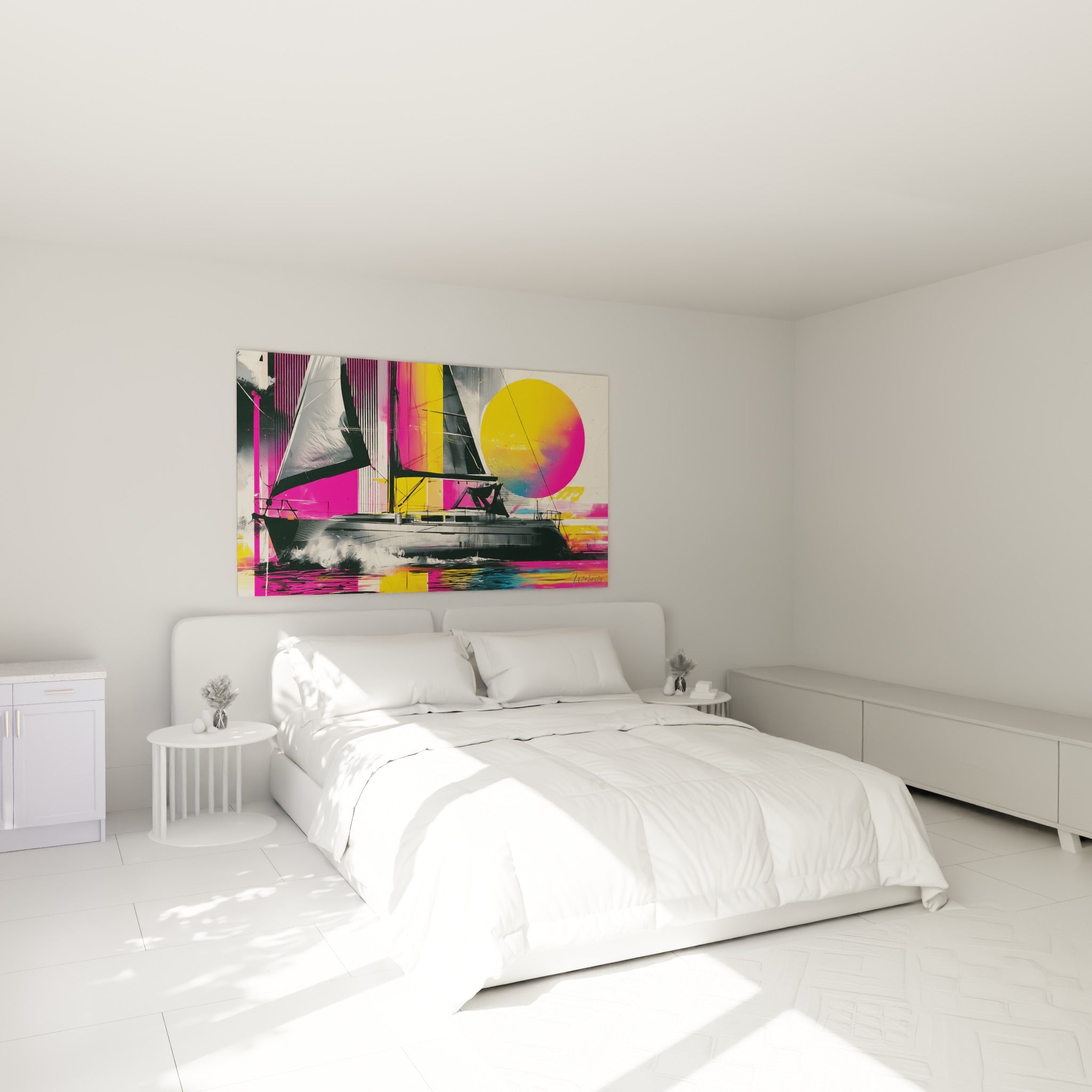 Voilier fuchsia et jaune fendant les vagues, accroché au-dessus d'un lit dans une chambre claire