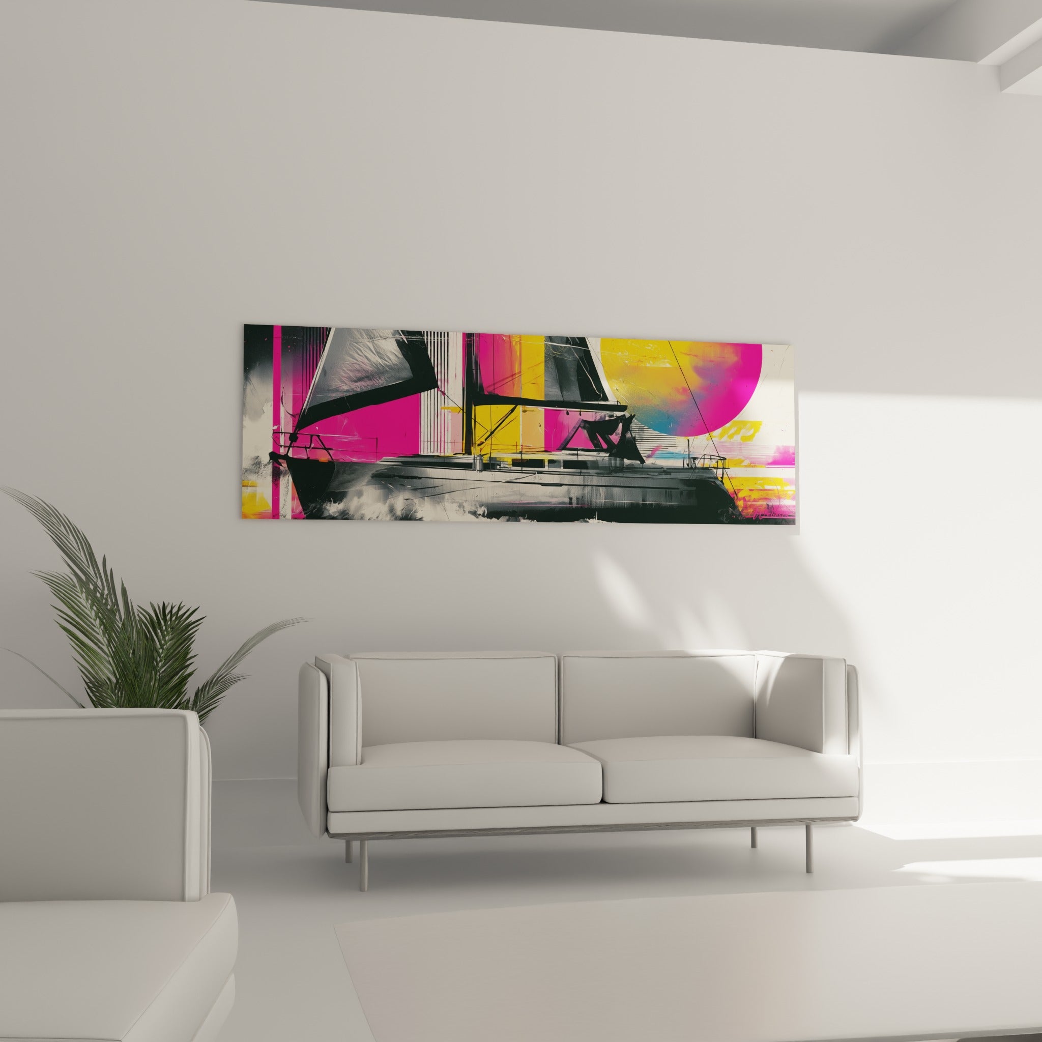 Bateau à voile noir traversant un ciel fuchsia et doré, tableau bateau abstrait au-dessus d'un canapé dans un salon lumineux